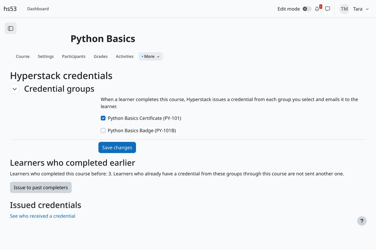 The Hyperstack credentials page of a Moodle course with two credential groups, one selected