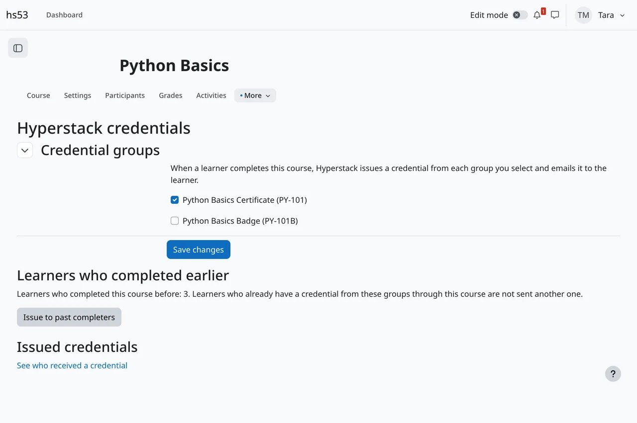 The Hyperstack credentials page of a Moodle course with two credential groups, one selected
