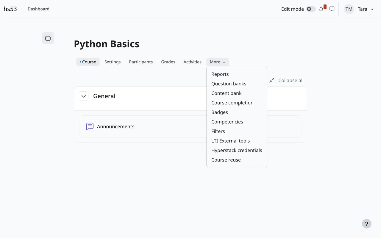 The More menu of a Moodle course with Hyperstack credentials