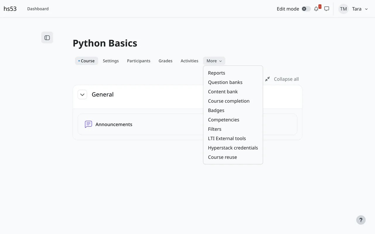 The More menu of a Moodle course with Hyperstack credentials