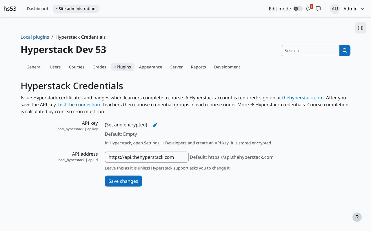 The Hyperstack Credentials settings page in Moodle with the API key and API address