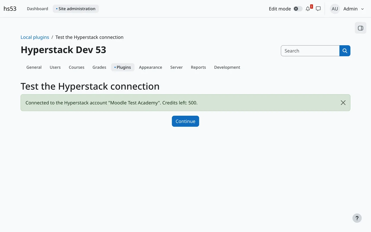 Moodle's Test the Hyperstack connection page: Connected to the Hyperstack account, with the credits left