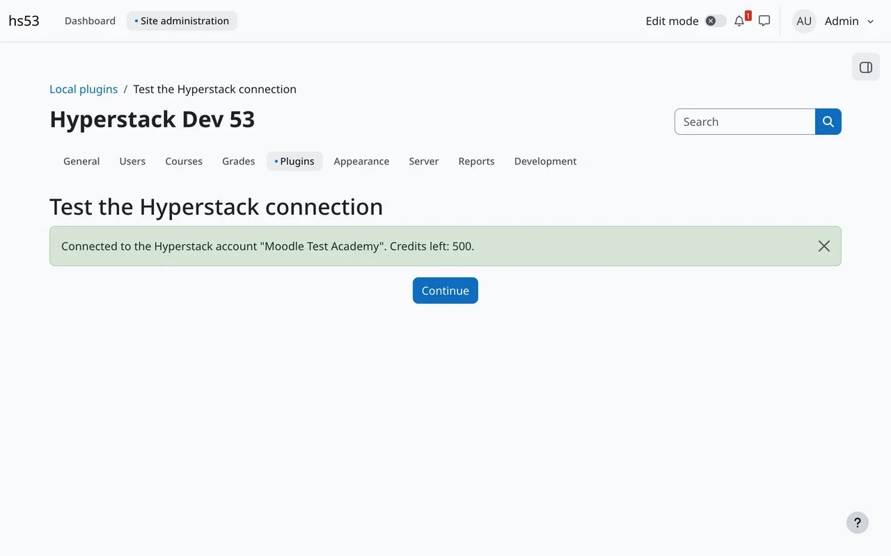 Moodle's Test the Hyperstack connection page: Connected to the Hyperstack account, with the credits left