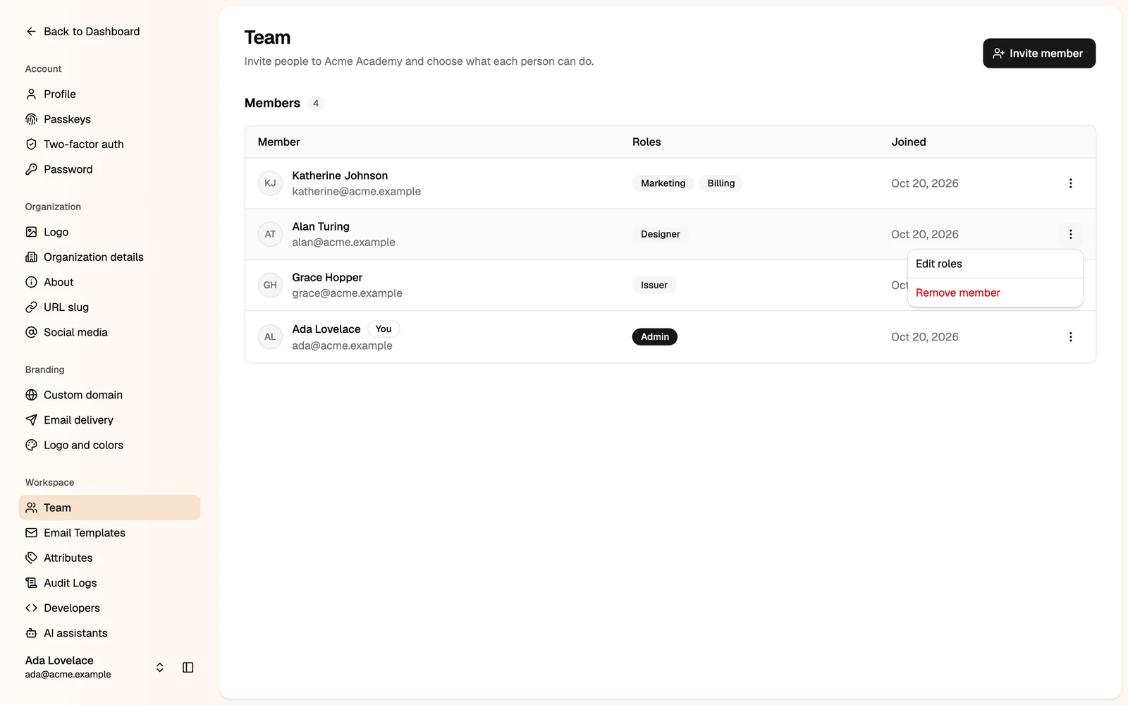 The member menu with Edit roles and Remove member