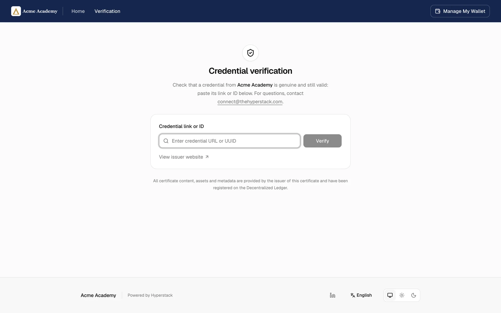 The Credential verification page
