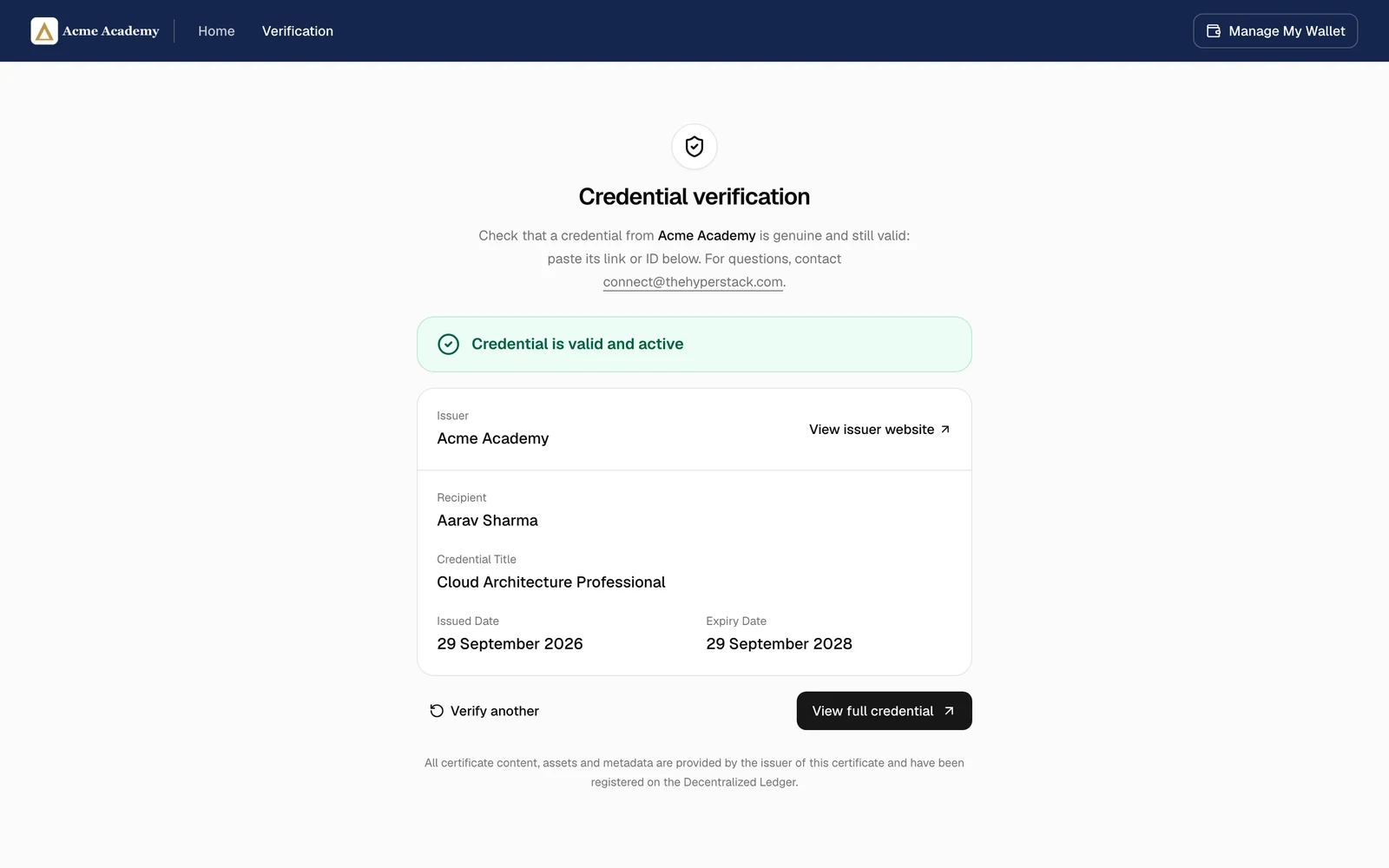 A verification result: Credential is valid and active