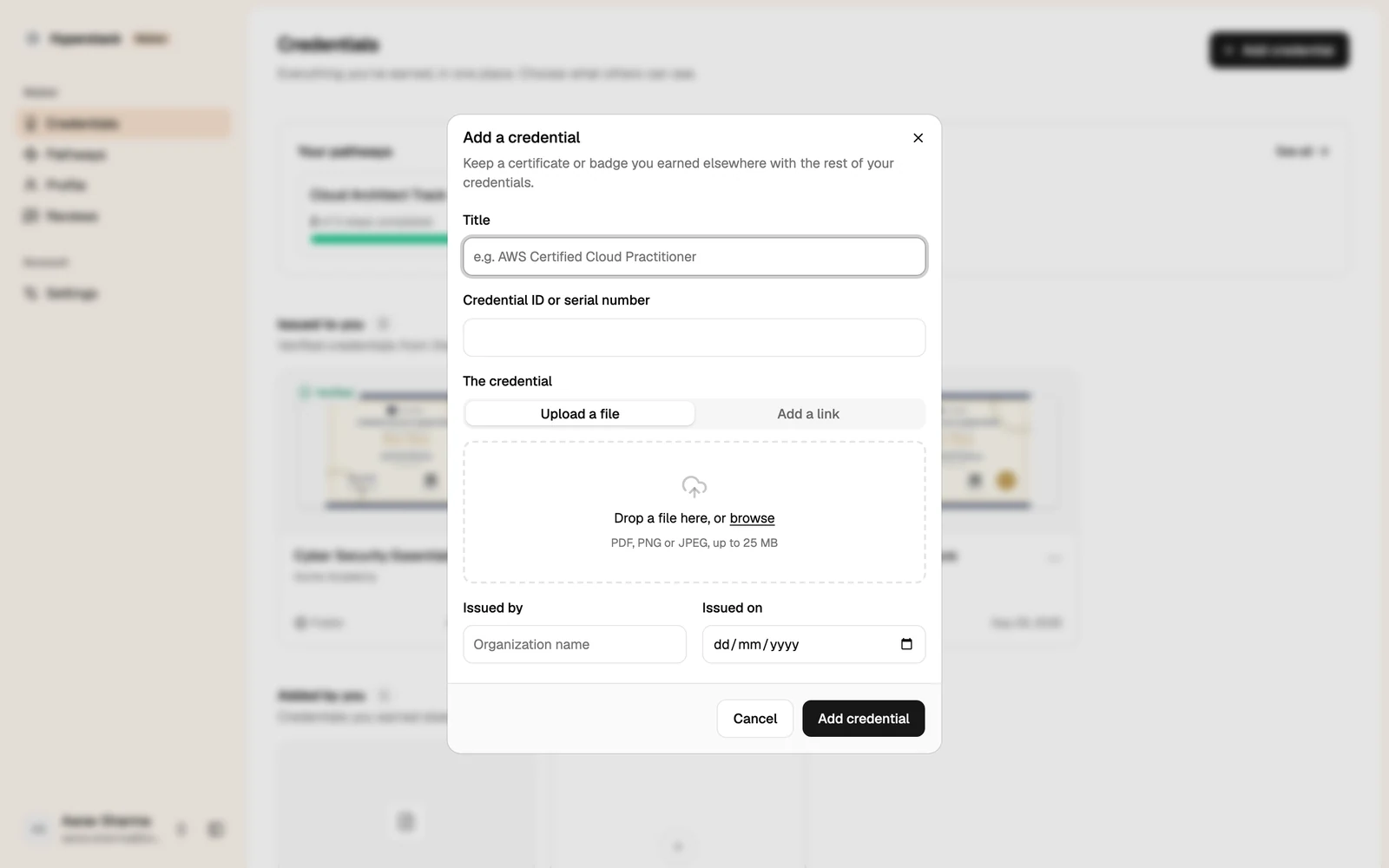 The Add a credential dialog
