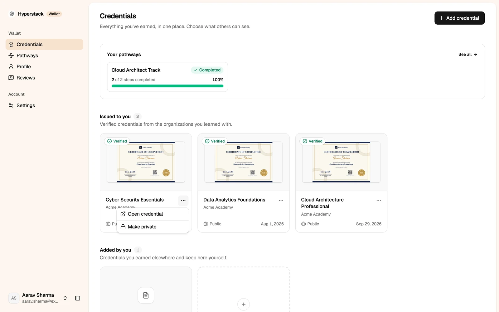 A credential's menu with Open credential and Make private
