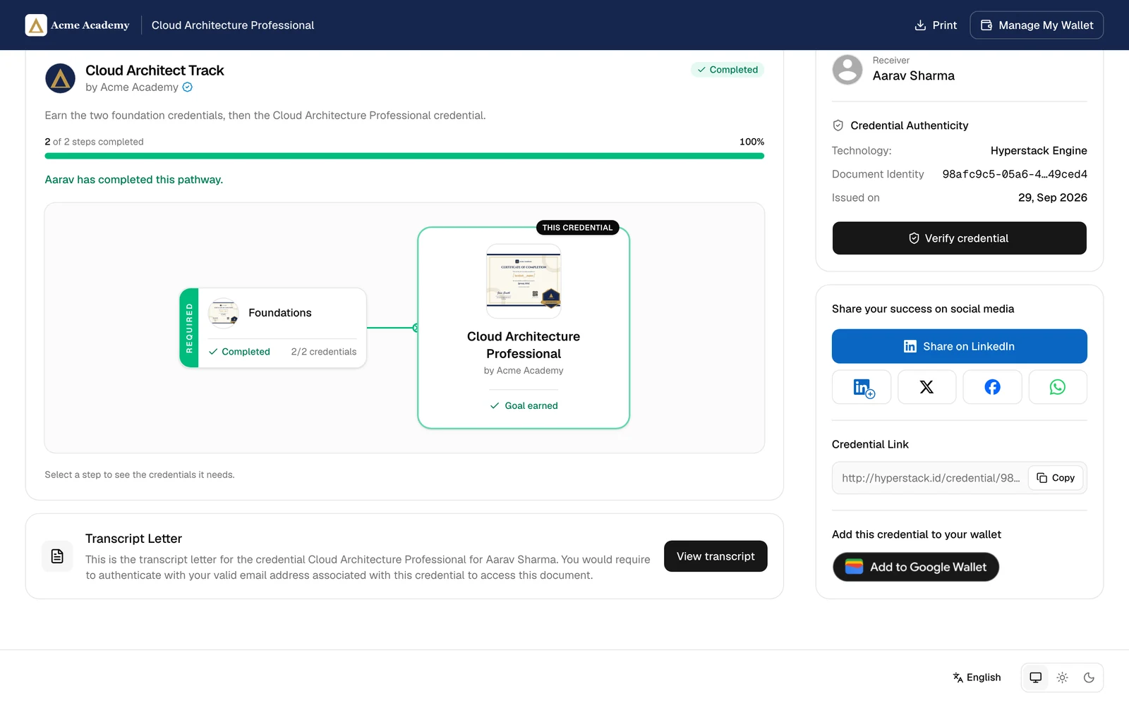 The lower part of a credential page with the pathway progress, the transcript letter and the Add to Google Wallet button