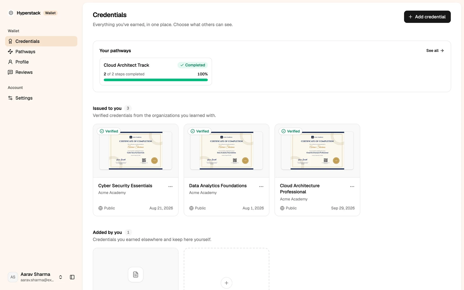 The wallet's Credentials page with a pathway, issued credentials and an added credential