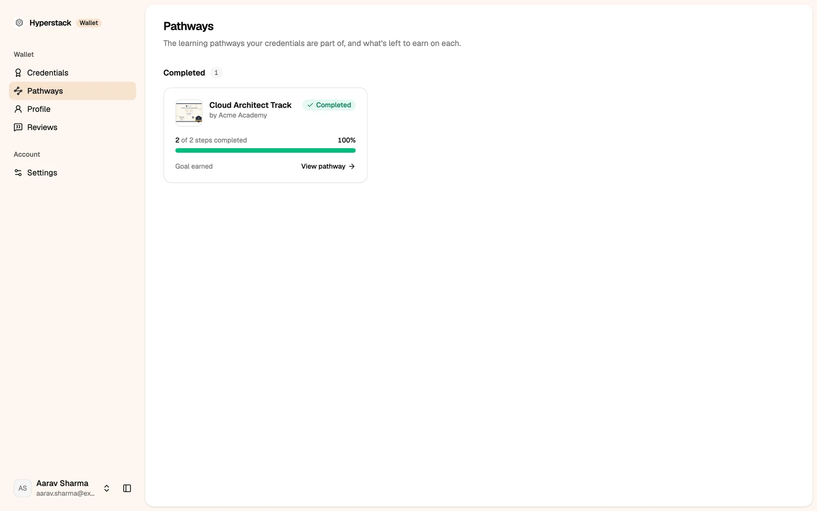 The Pathways page with a completed pathway
