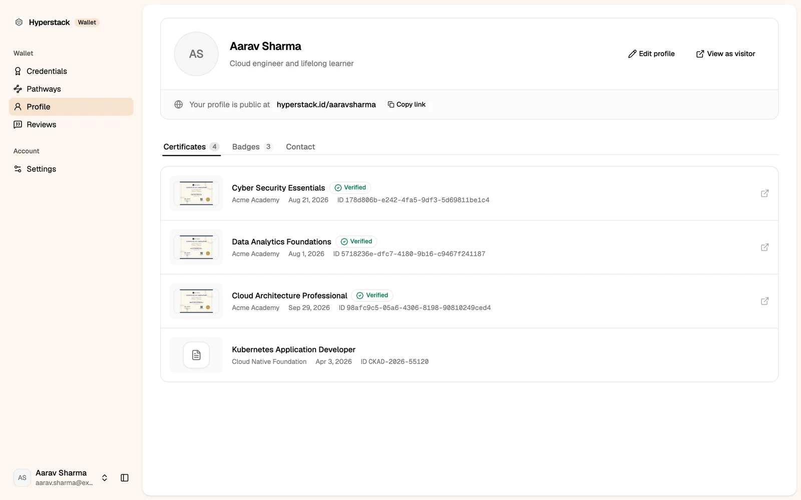 The wallet profile page with four certificates