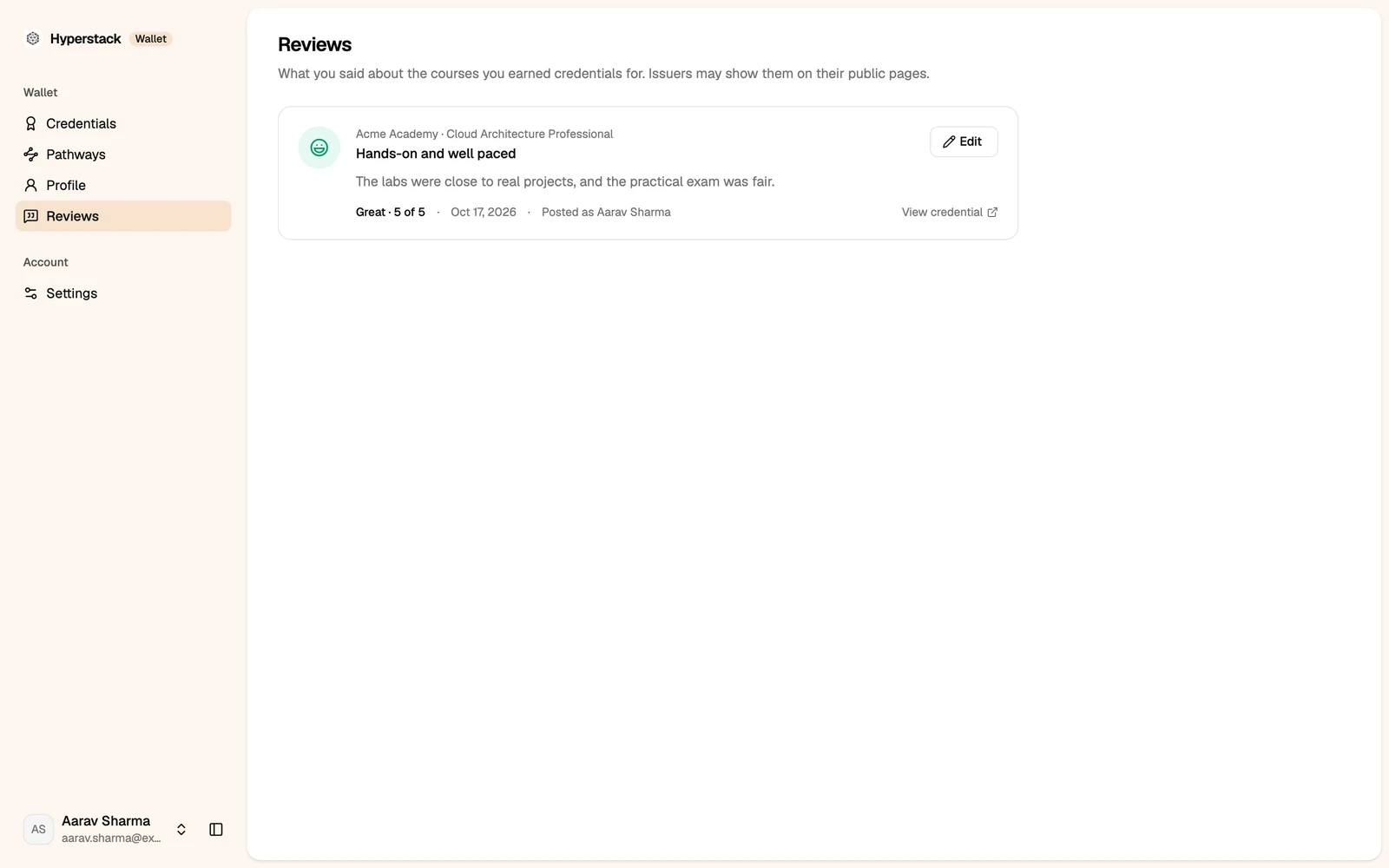 The Reviews page with one review