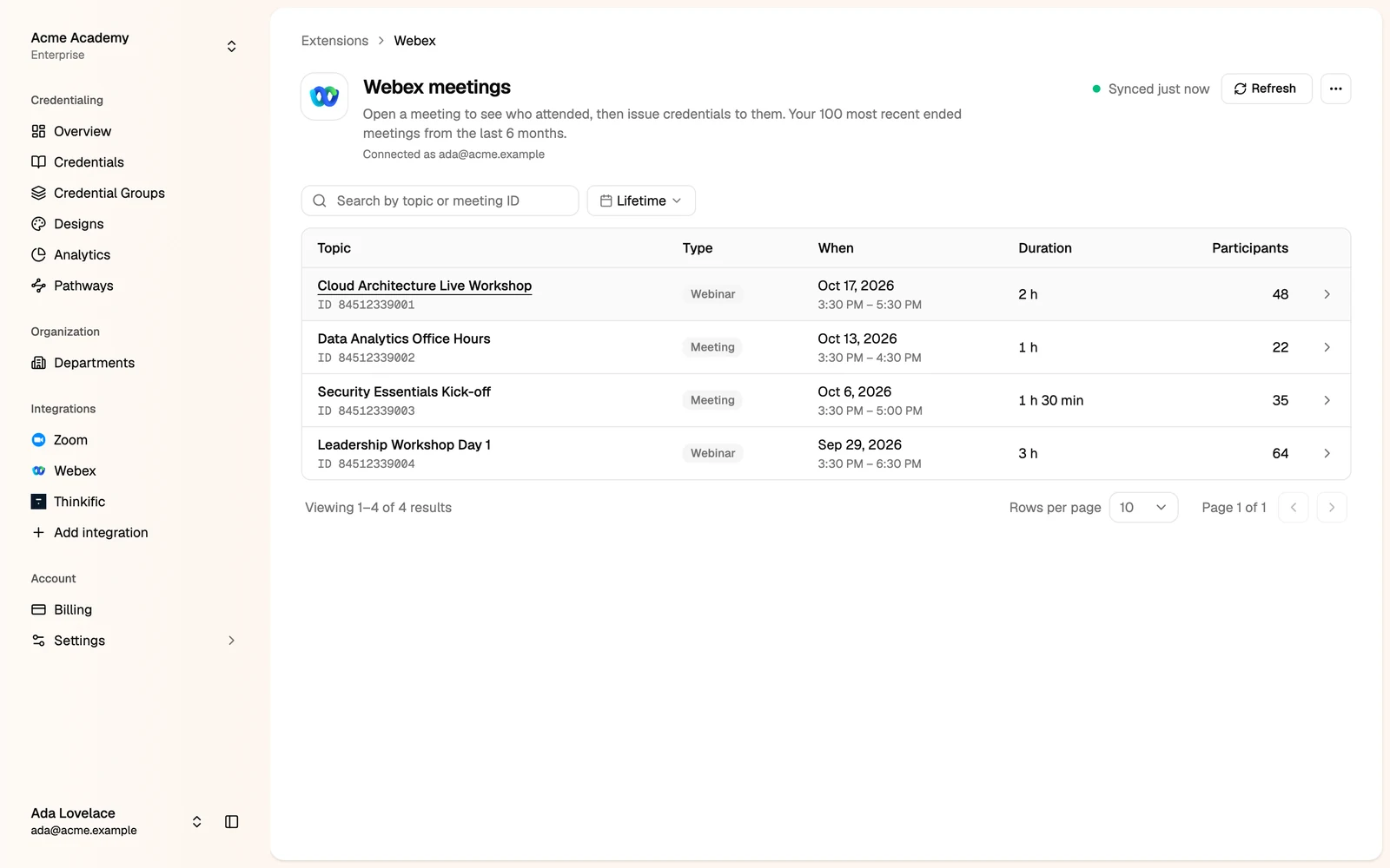 The Webex meetings list