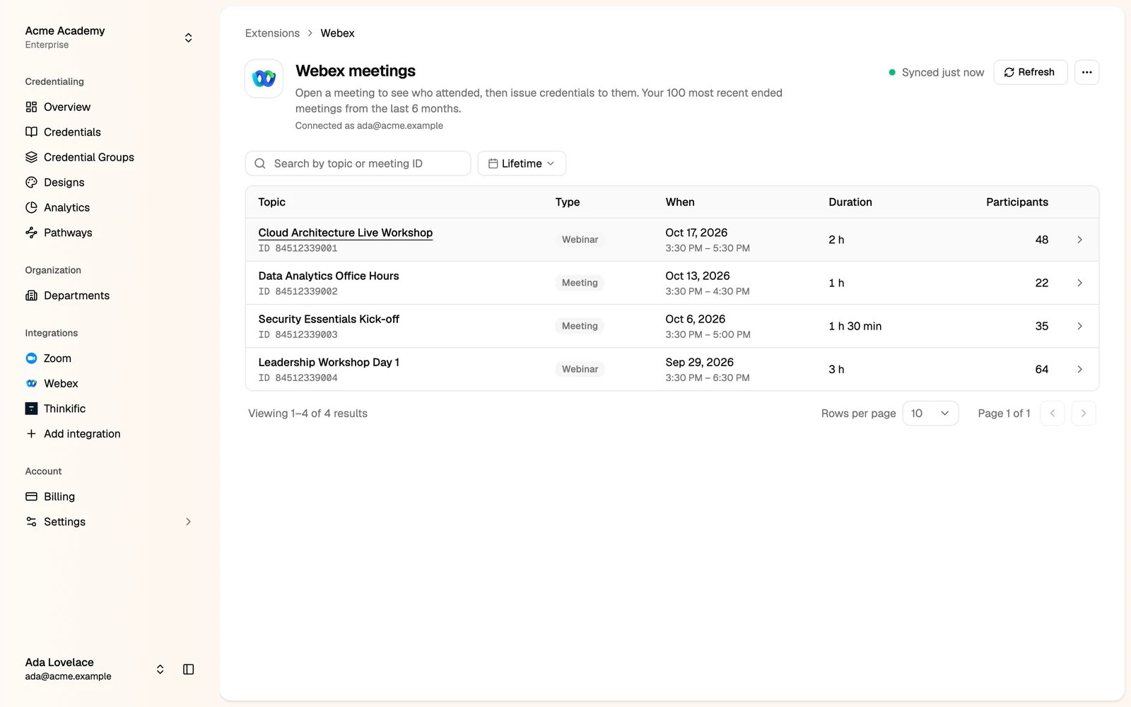 The Webex meetings list