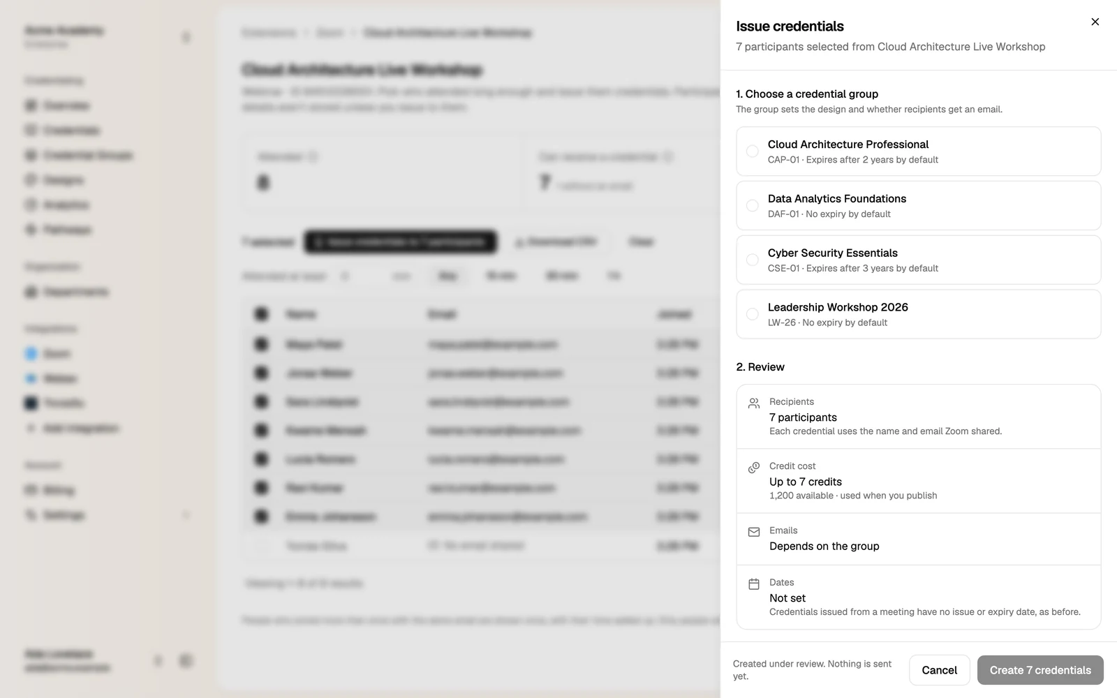 The Issue credentials dialog