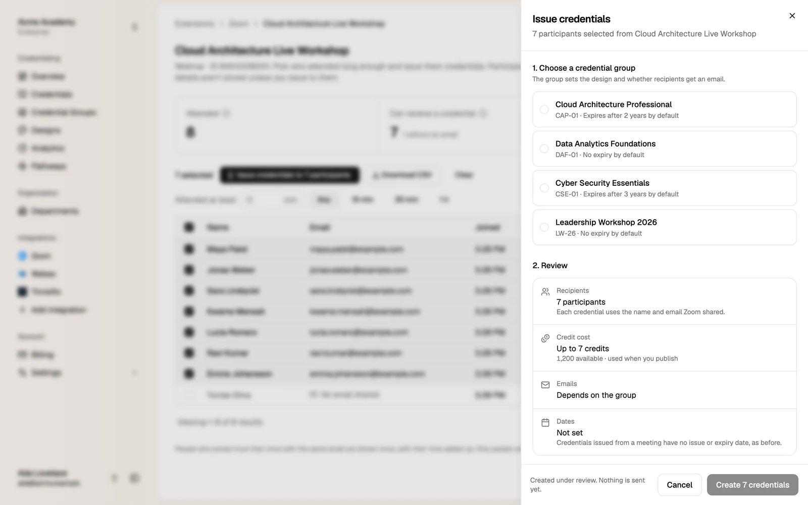 The Issue credentials dialog