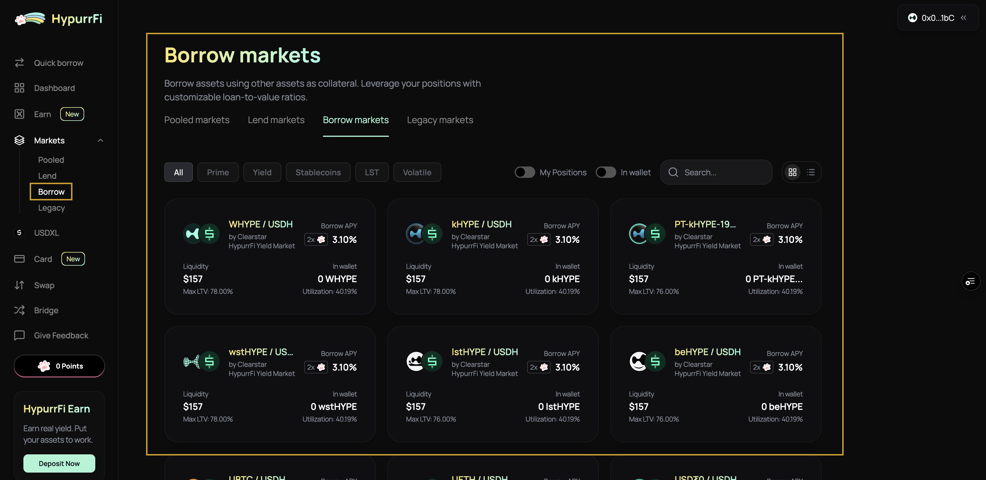 Borrow markets interface showing collateral-debt pairs