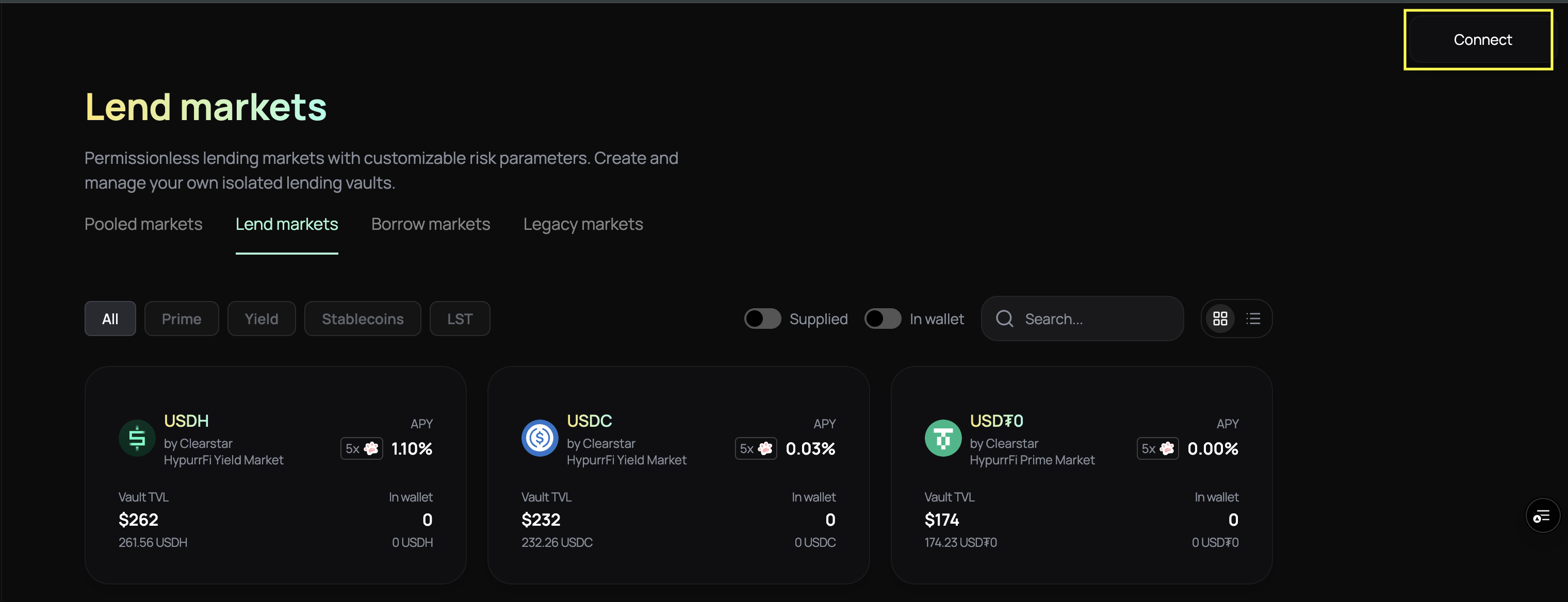 Connect Wallet button in HypurrFi interface