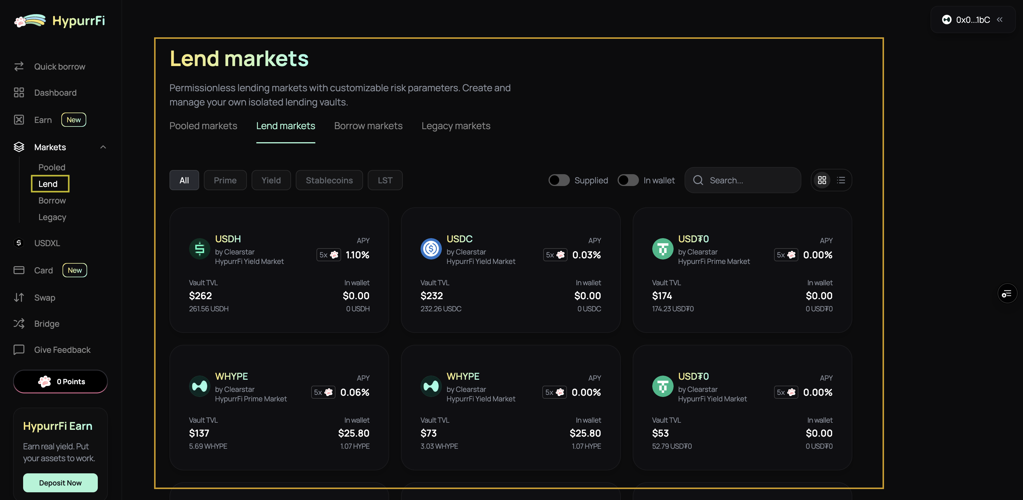 Lend markets interface showing available vaults
