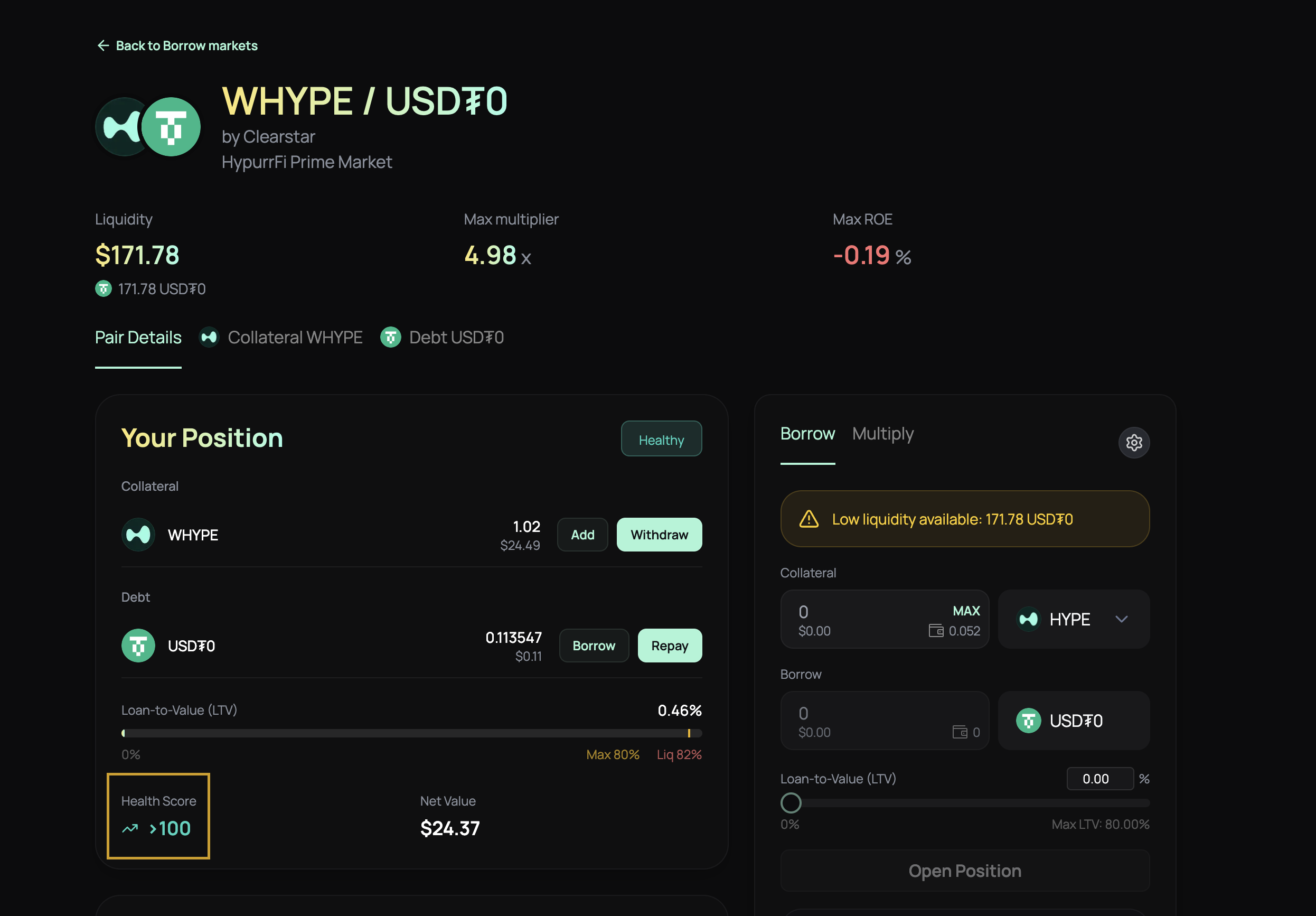 Monitoring health score for borrow position
