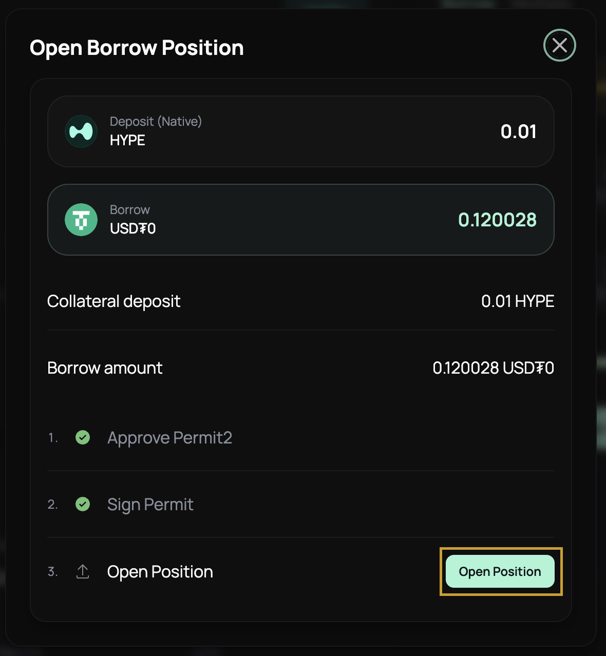 Confirming and executing the borrow position