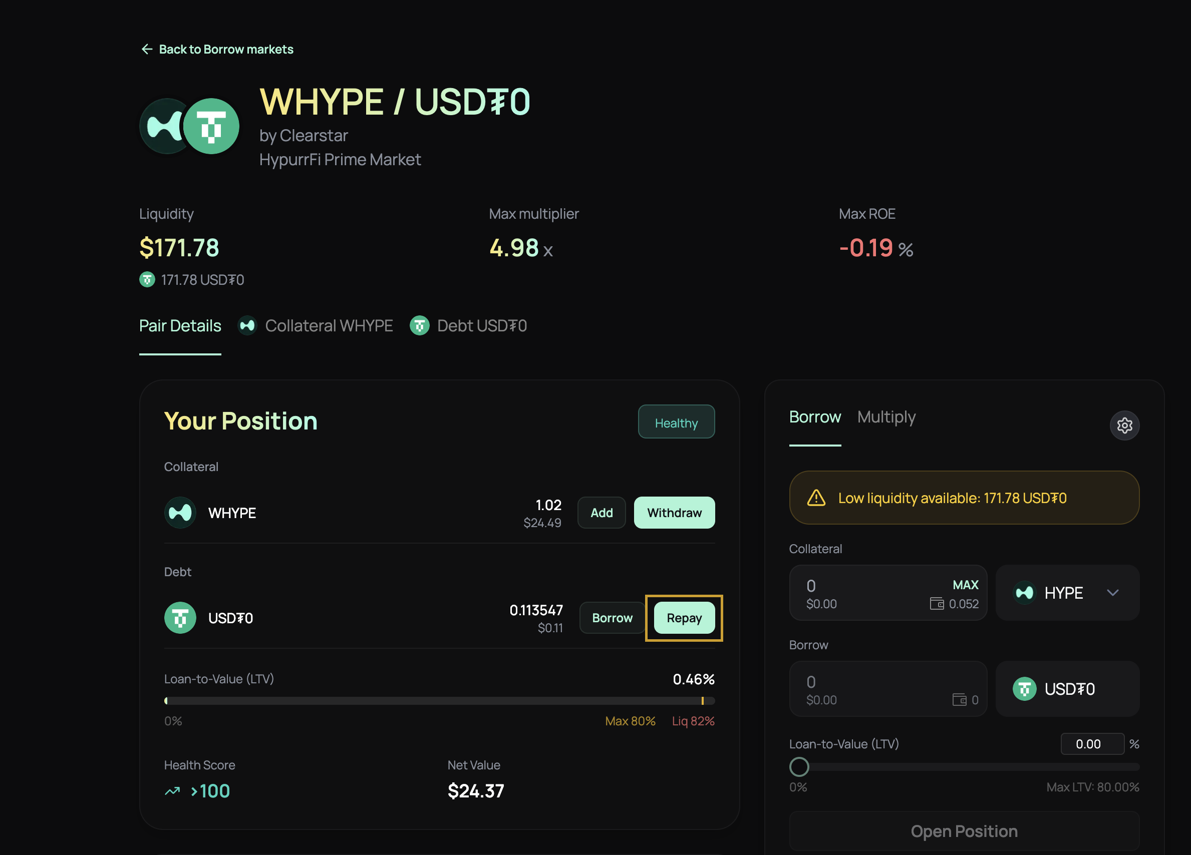 Repaying debt interface showing repay form