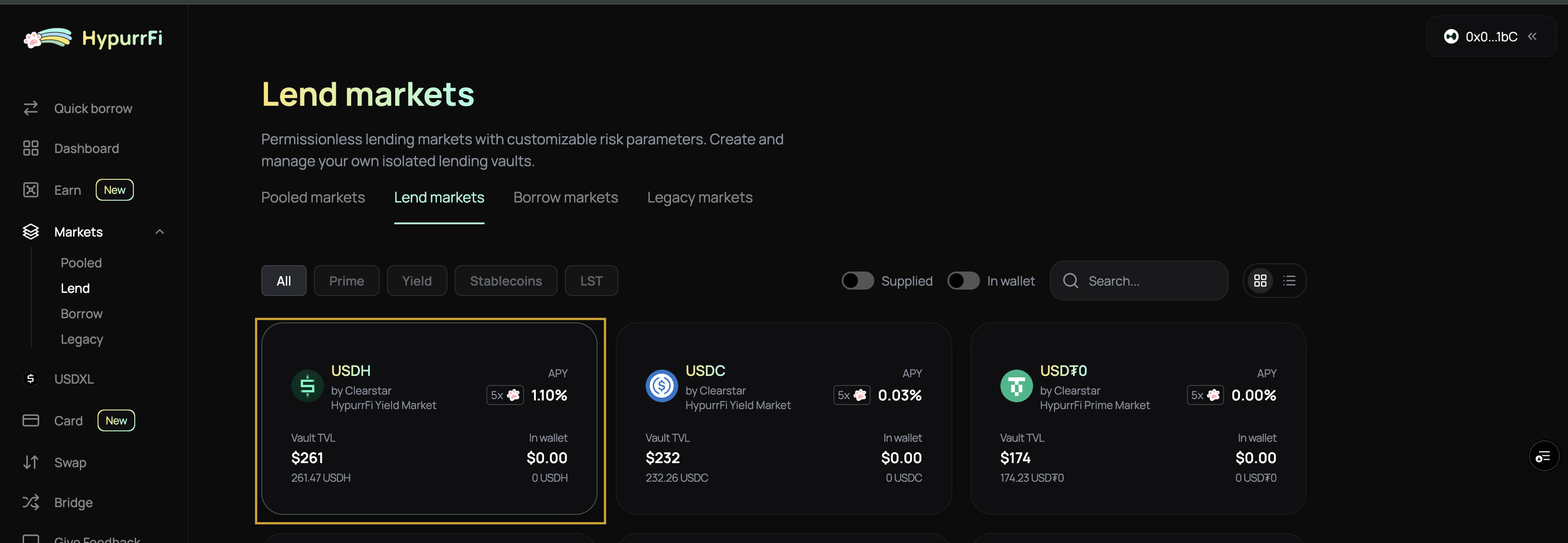 Selecting a vault from the Lend markets interface