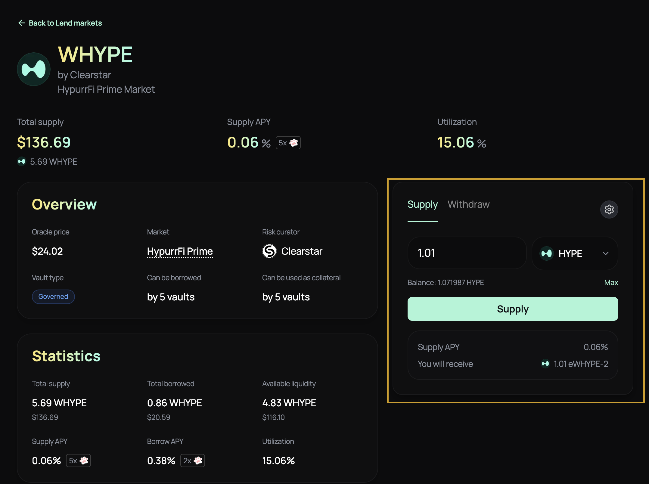 Supply collateral interface showing deposit form