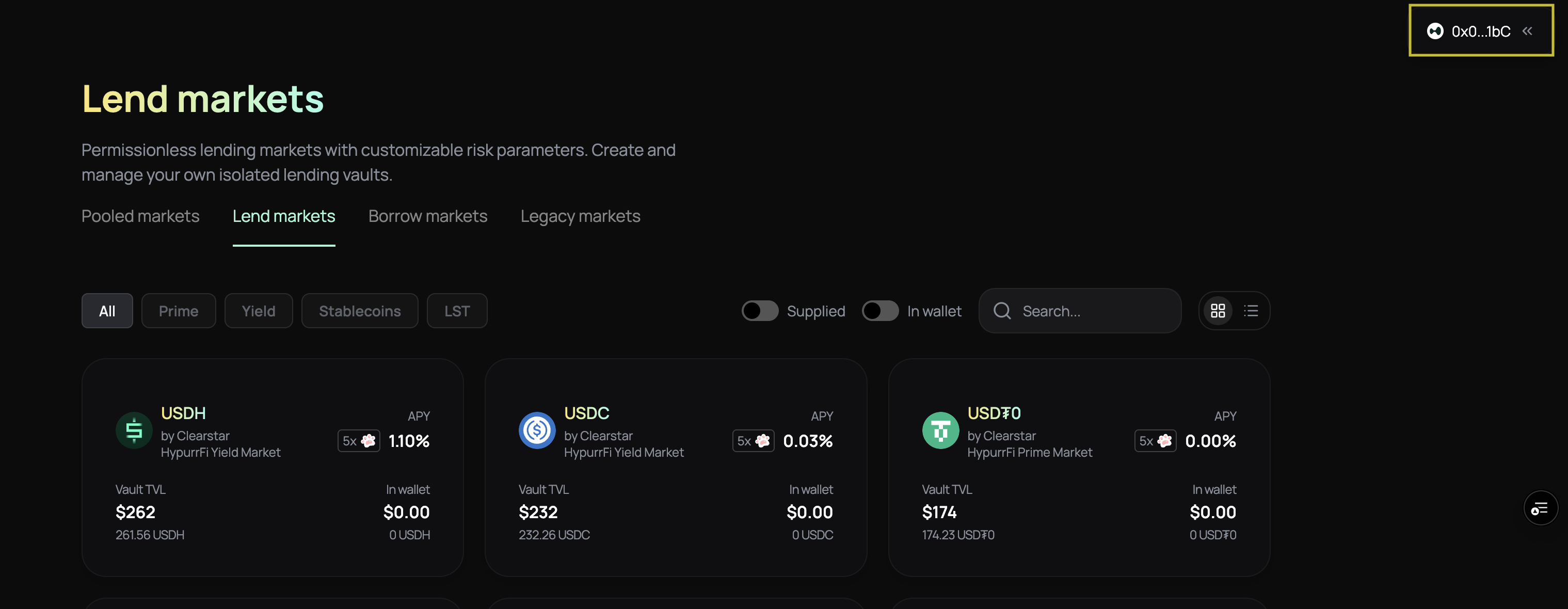 Wallet connected showing wallet address in HypurrFi interface