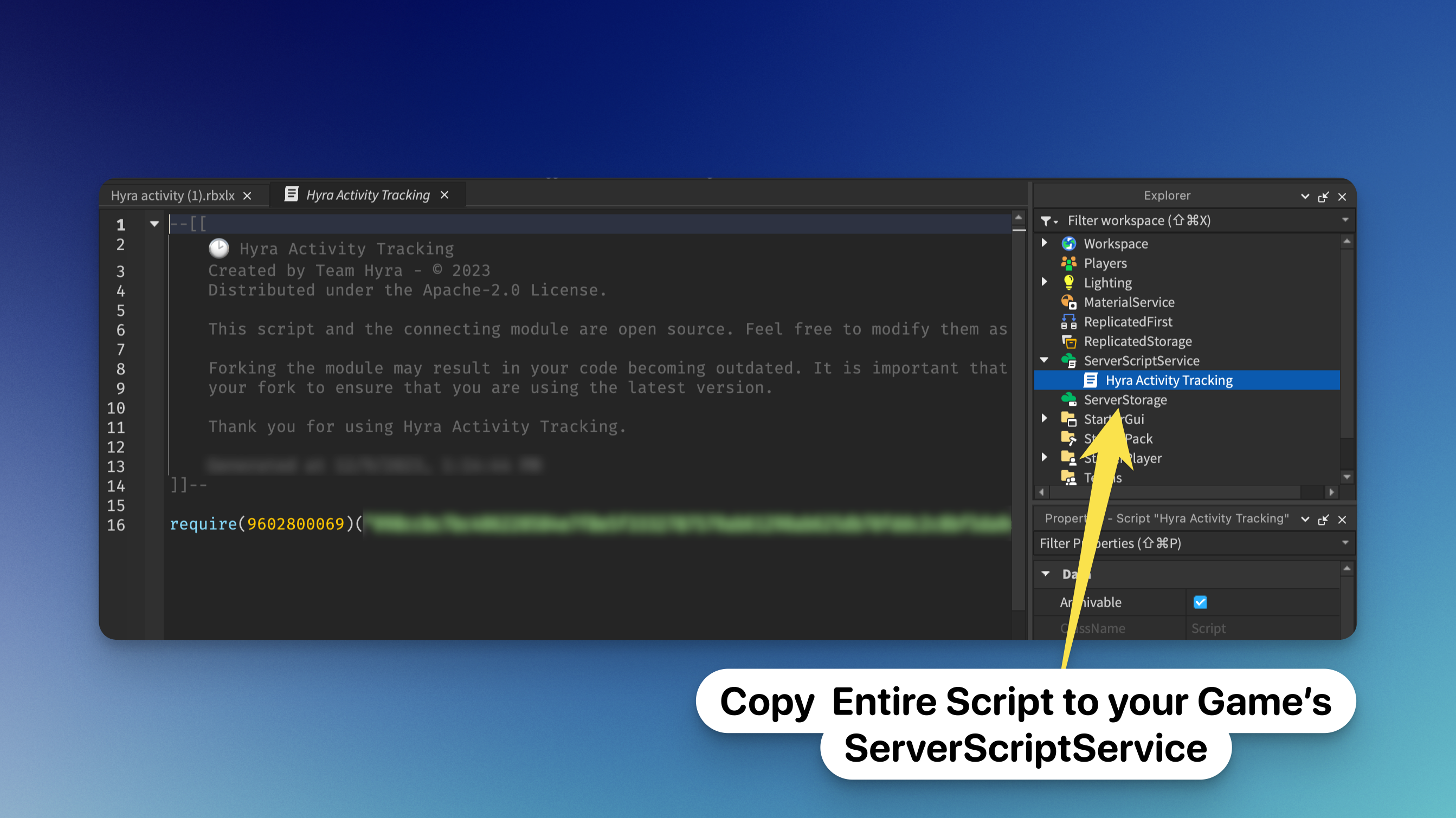 Roblox Studio Window with Hyra Activitiy Tracking Game