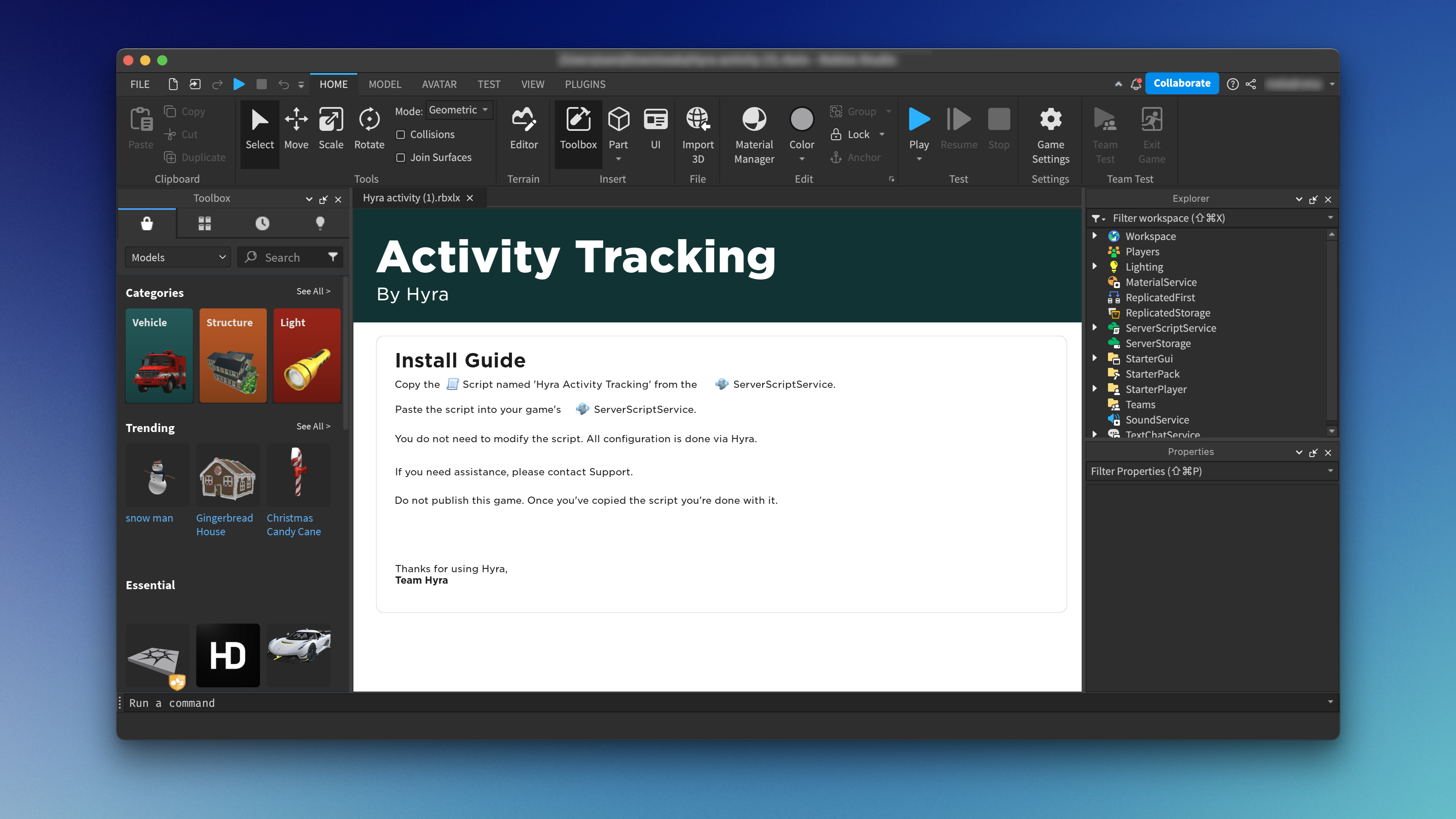 Roblox Studio Window with Hyra Activitiy Tracking Game