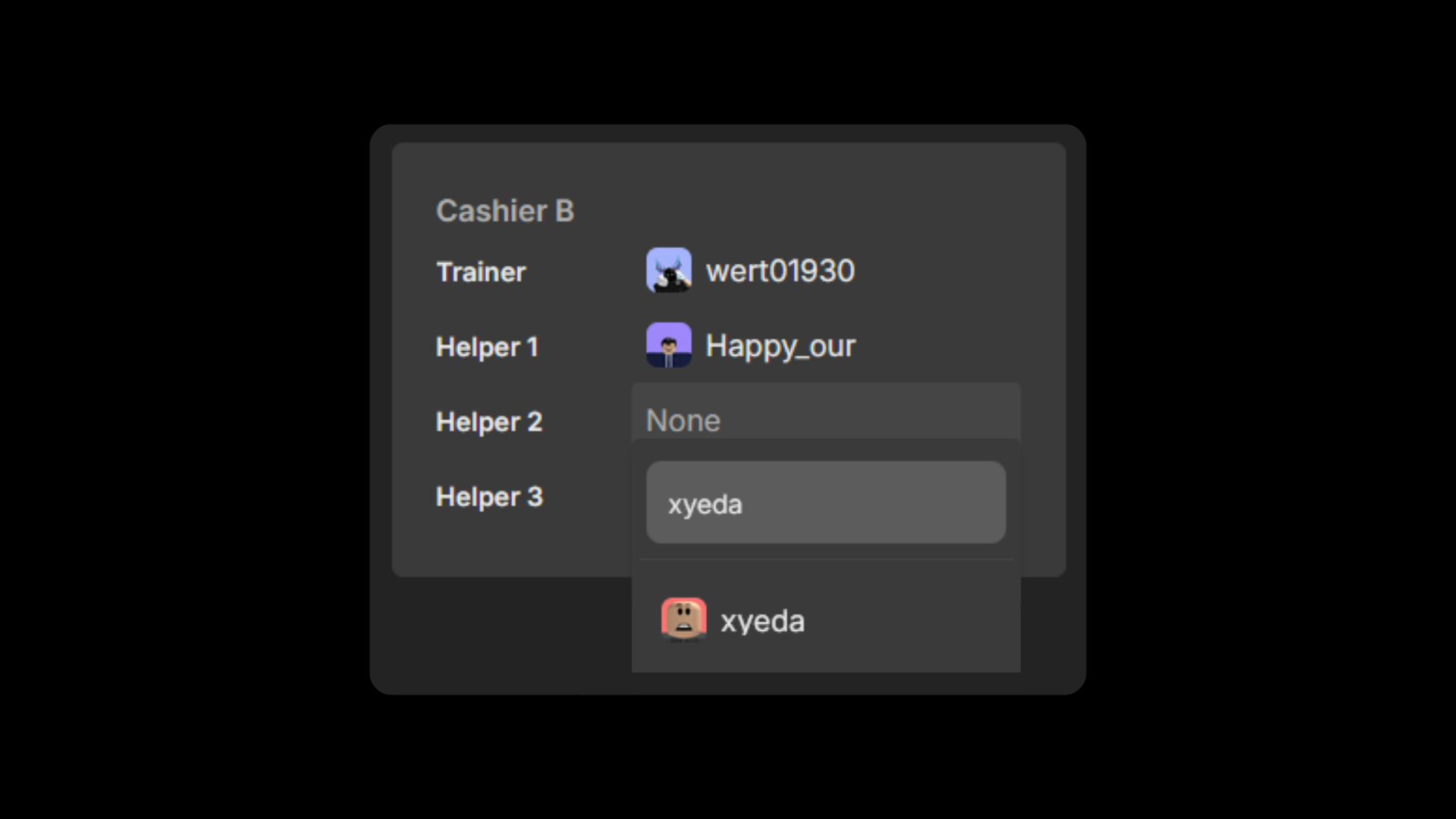 Adding xyeda as Helper 2 in Cashier B.