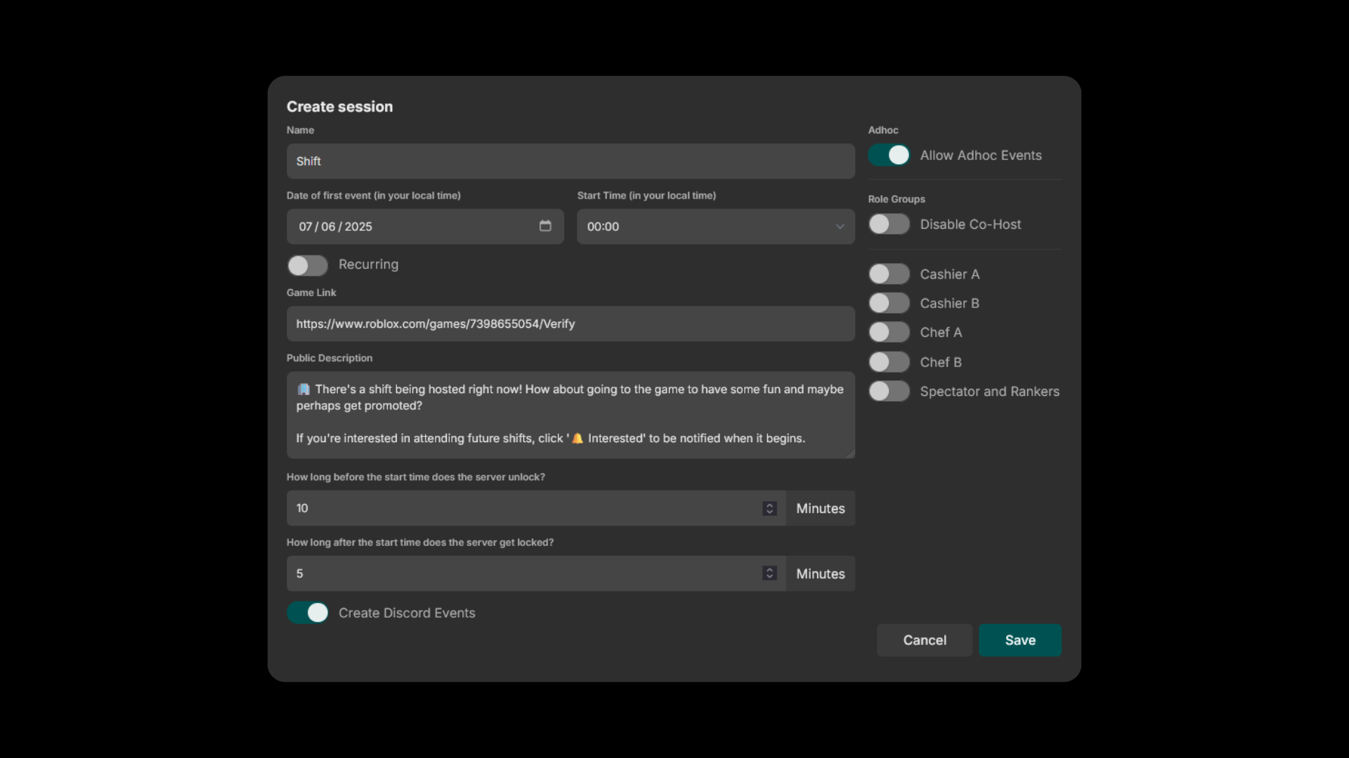 Session Configuration Page