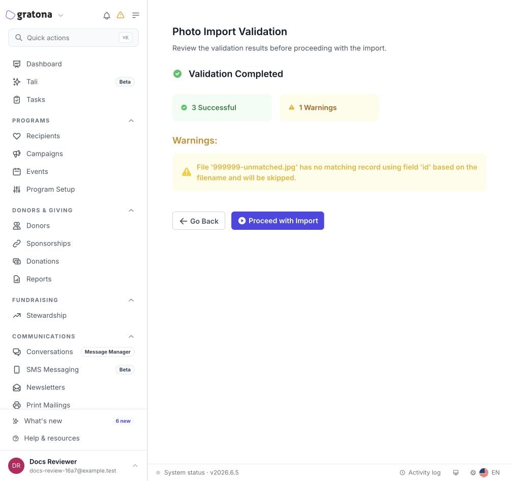 Completed photo validation showing three successful matches and one warning for an unmatched Entity ID