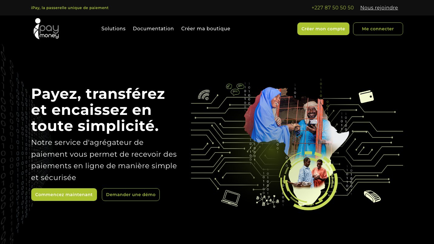 Page d'accueil i-pay.money, avec le bouton S'inscrire en haut à droite