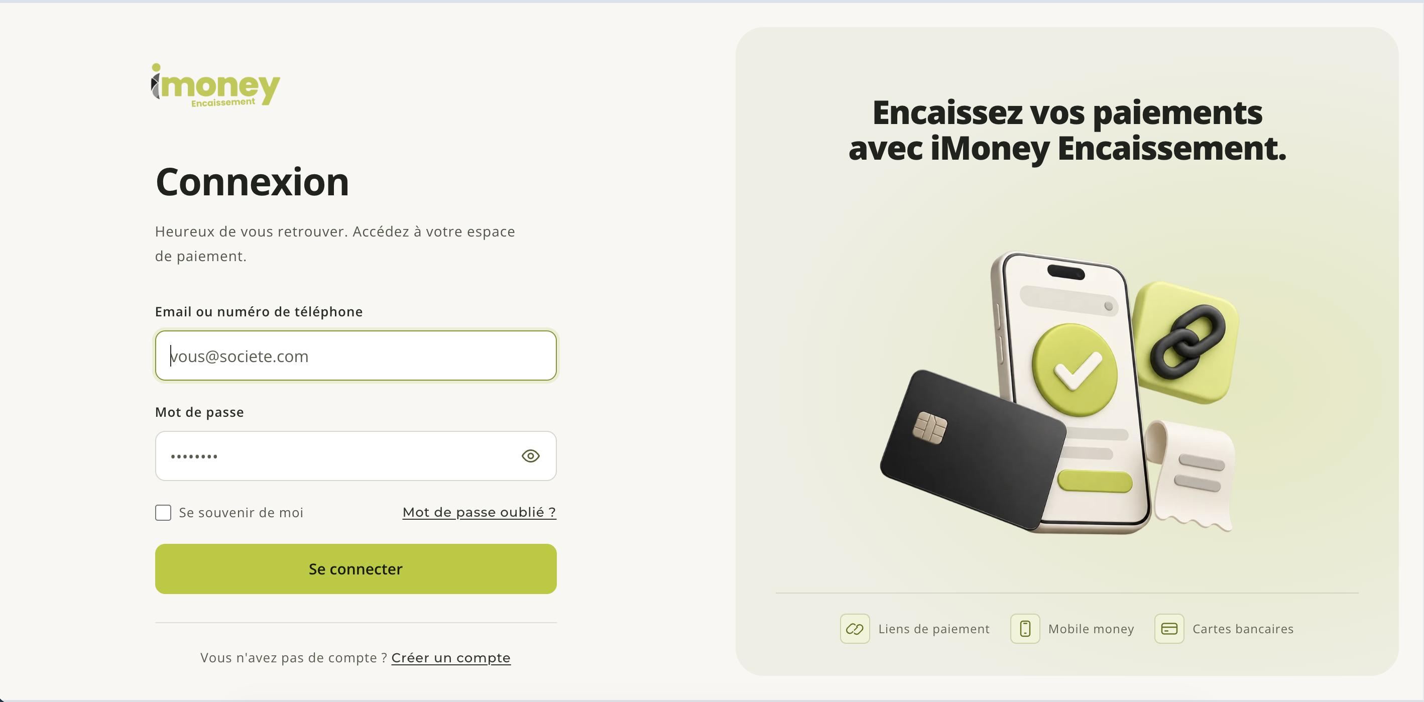 i-pay.money "Connexion" (Login) page, with the Email or phone number and Password fields