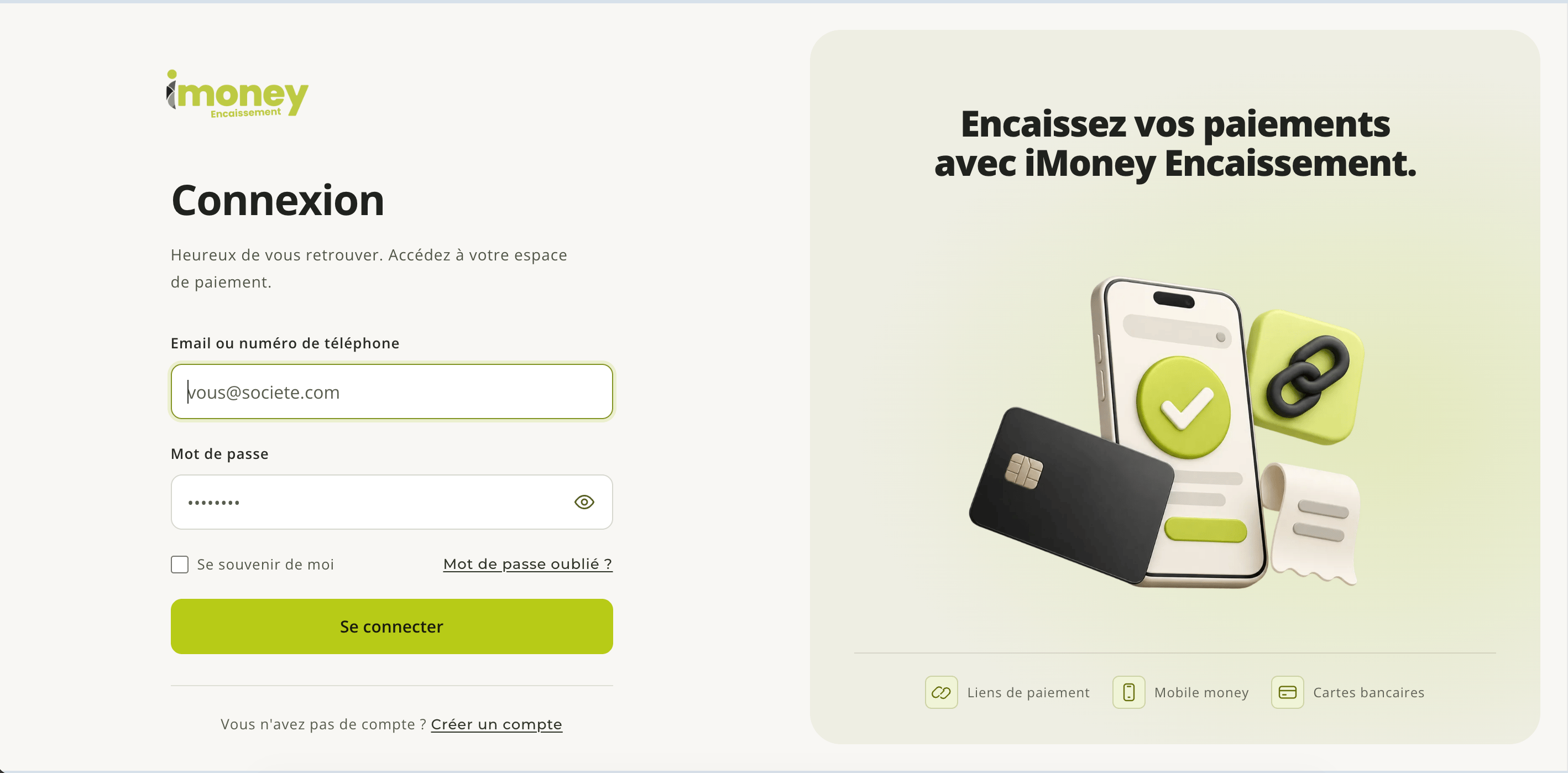i-pay.money "Connexion" (Login) page, with the Email or phone number and Password fields