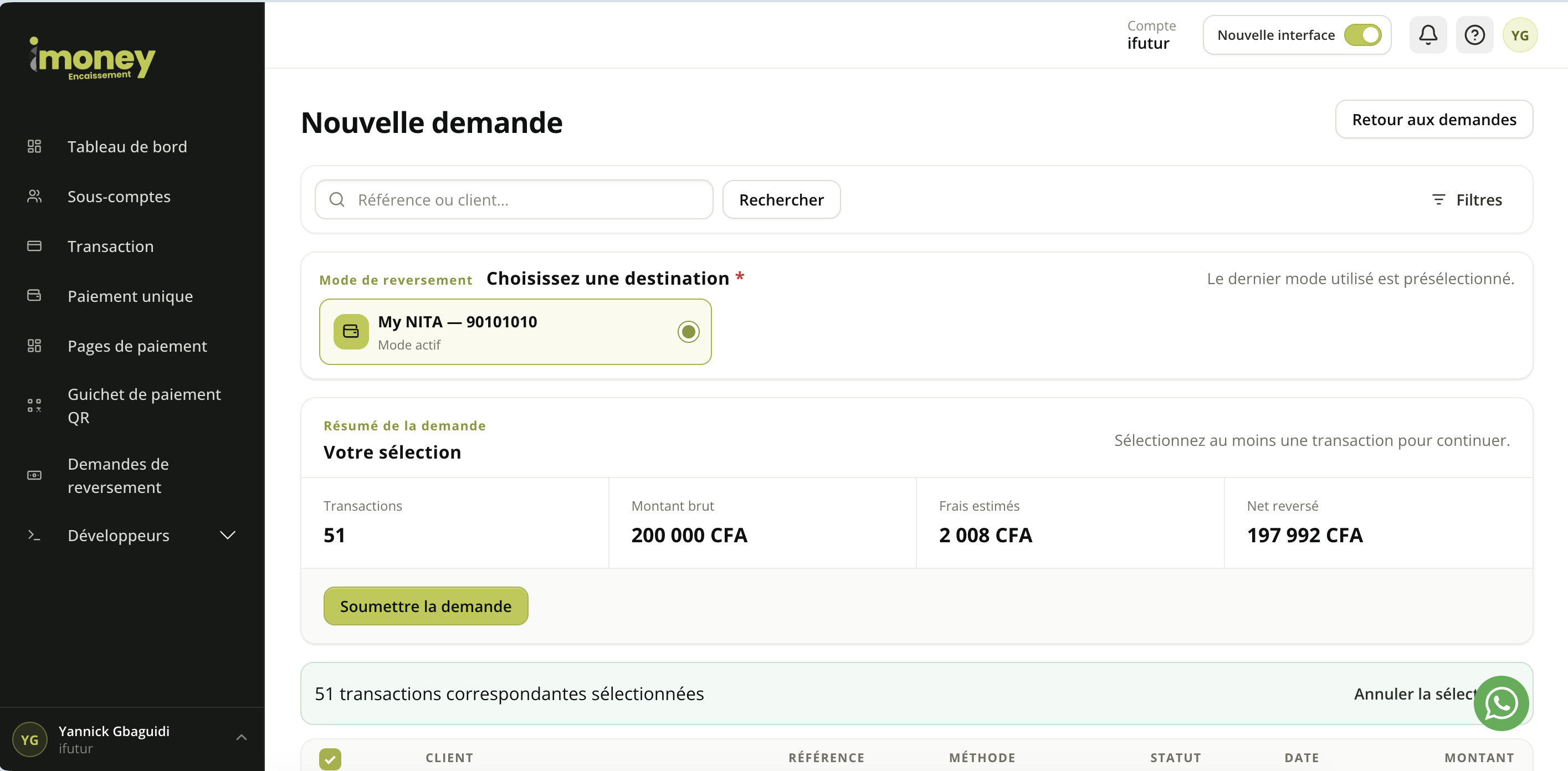 Merchant dashboard "Nouvelle demande" (New request) page: selected payout method, request summary (transactions, gross amount, estimated fees, net paid out) and list of selected transactions