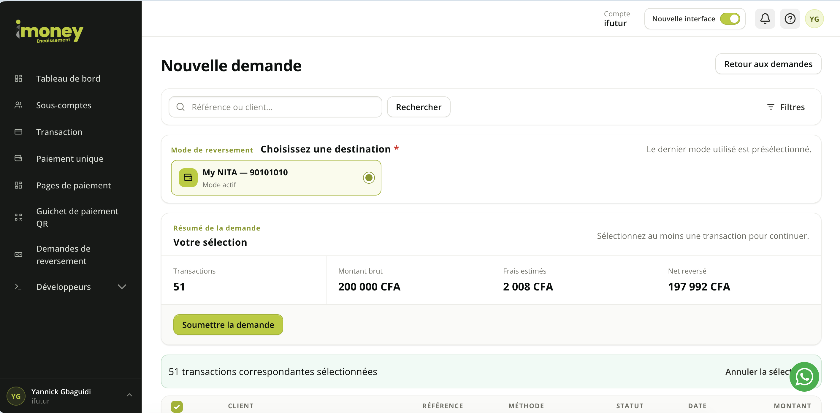 Merchant dashboard "Nouvelle demande" (New request) page: selected payout method, request summary (transactions, gross amount, estimated fees, net paid out) and list of selected transactions