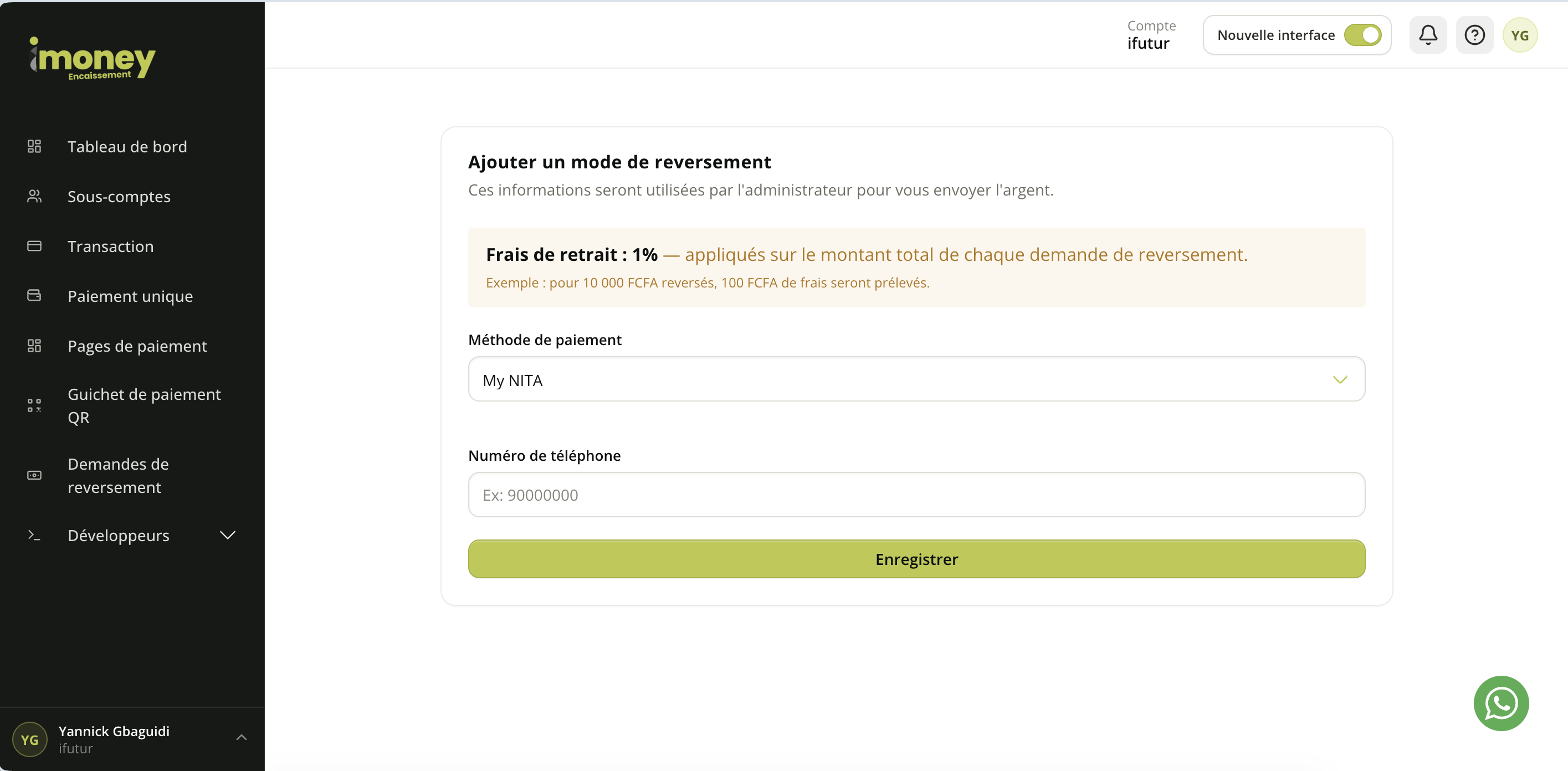 Merchant dashboard "Ajouter un mode de reversement" (Add a payout method) form, showing the withdrawal fees and the Phone number field for the My NITA method
