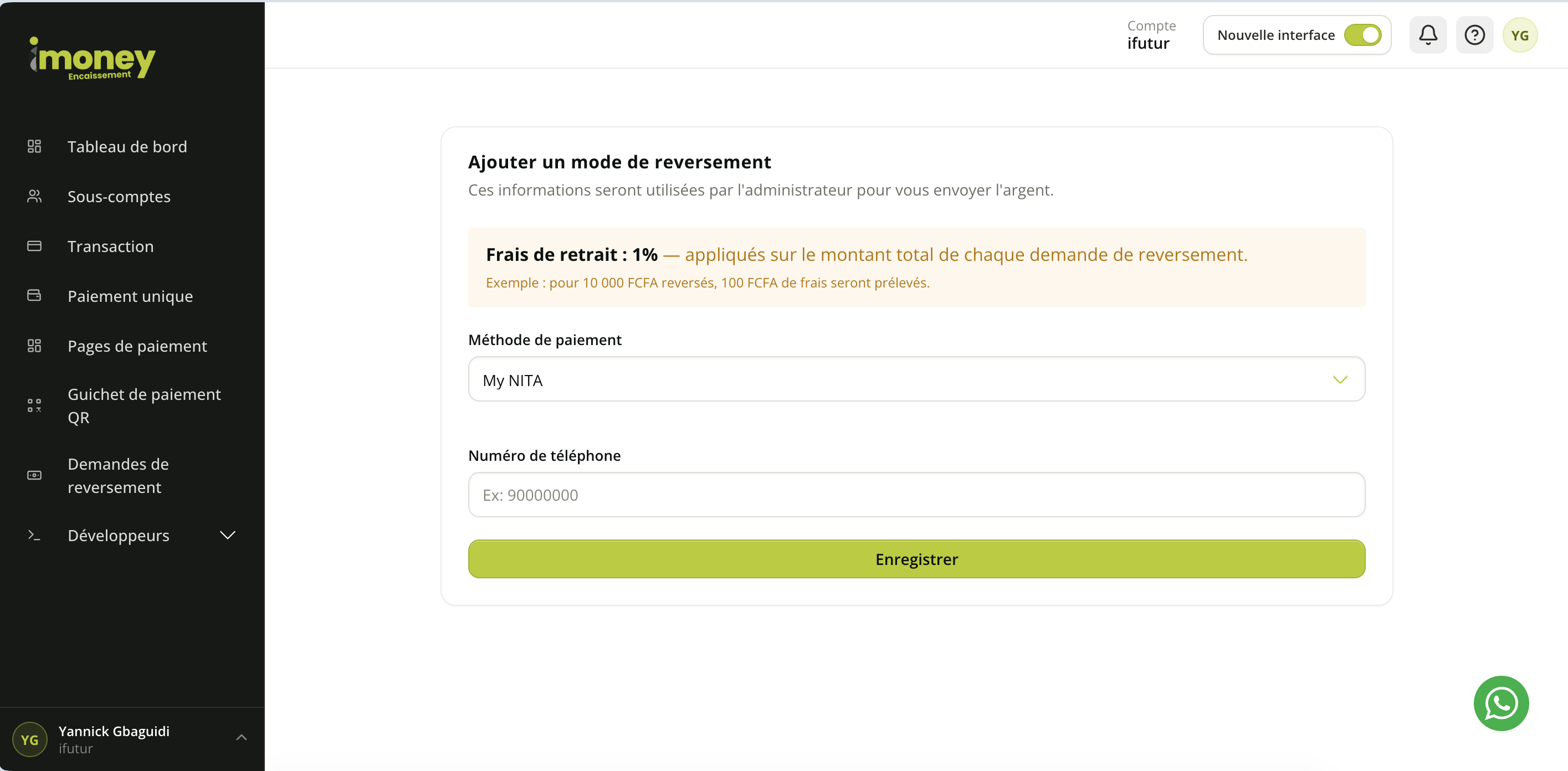 Merchant dashboard "Ajouter un mode de reversement" (Add a payout method) form, showing the withdrawal fees and the Phone number field for the My NITA method