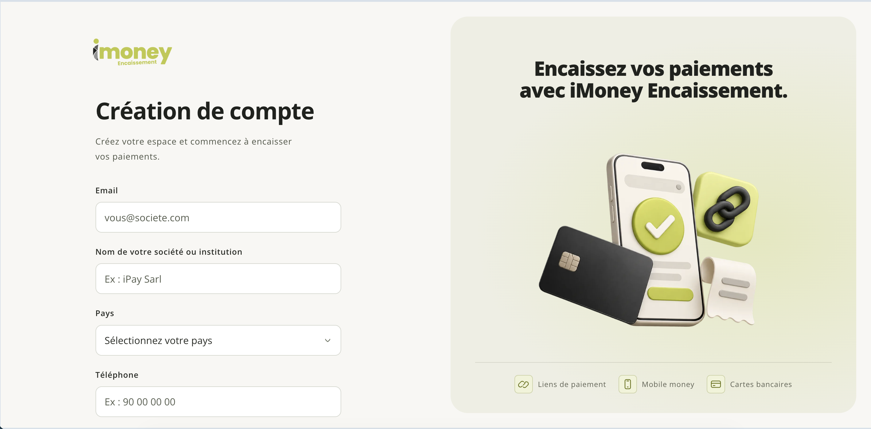 i-pay.money "Création de compte" (Account creation) form, with the Email, company or institution name, Country and Phone fields