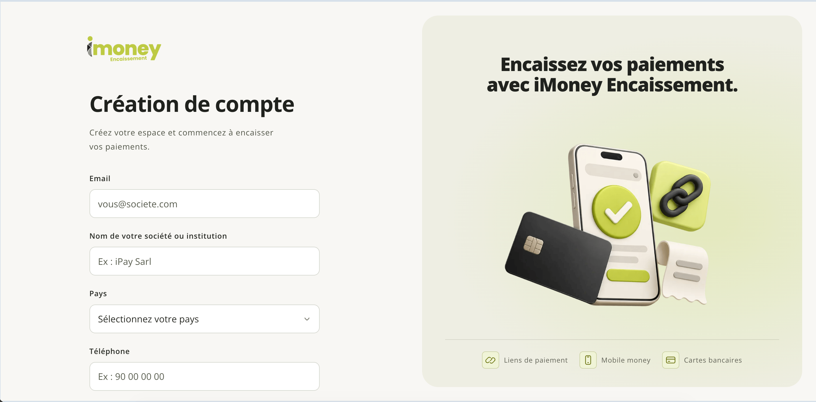 i-pay.money "Création de compte" (Account creation) form, with the Email, company or institution name, Country and Phone fields