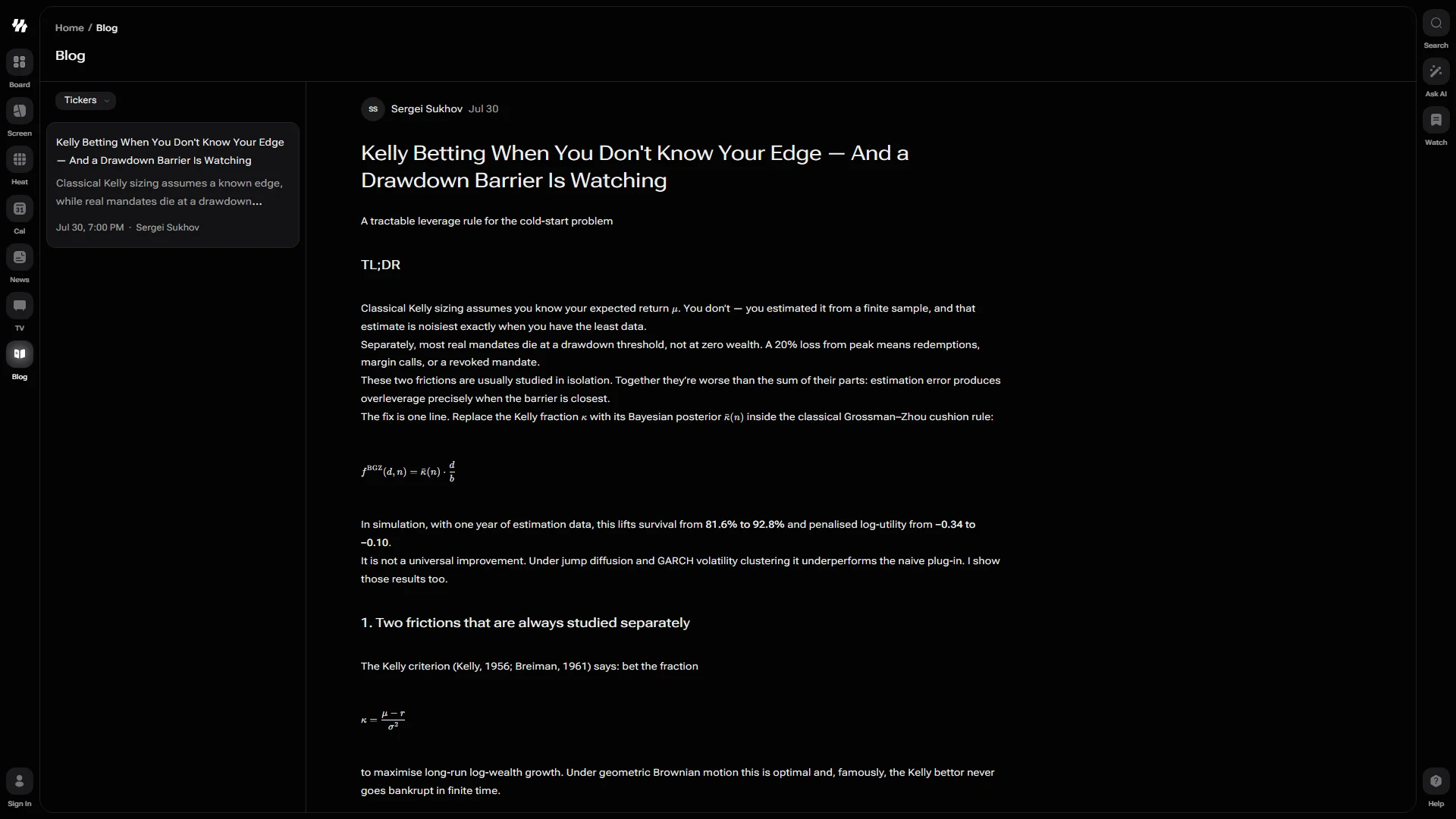 The i88 blog with a Tickers filter and article list on the left, and the opened article Kelly Betting When You Don't Know Your Edge on the right, showing its author, date, and formulas