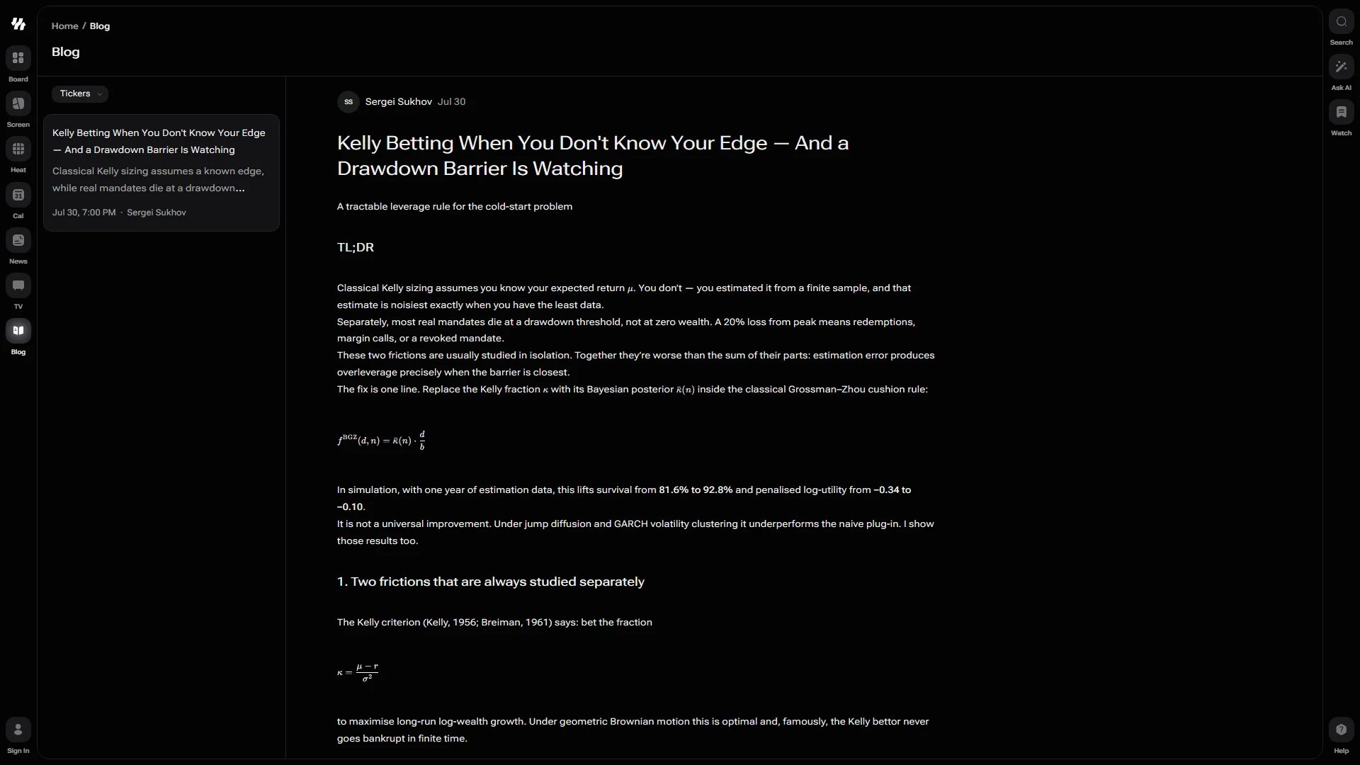 The i88 blog with a Tickers filter and article list on the left, and the opened article Kelly Betting When You Don't Know Your Edge on the right, showing its author, date, and formulas