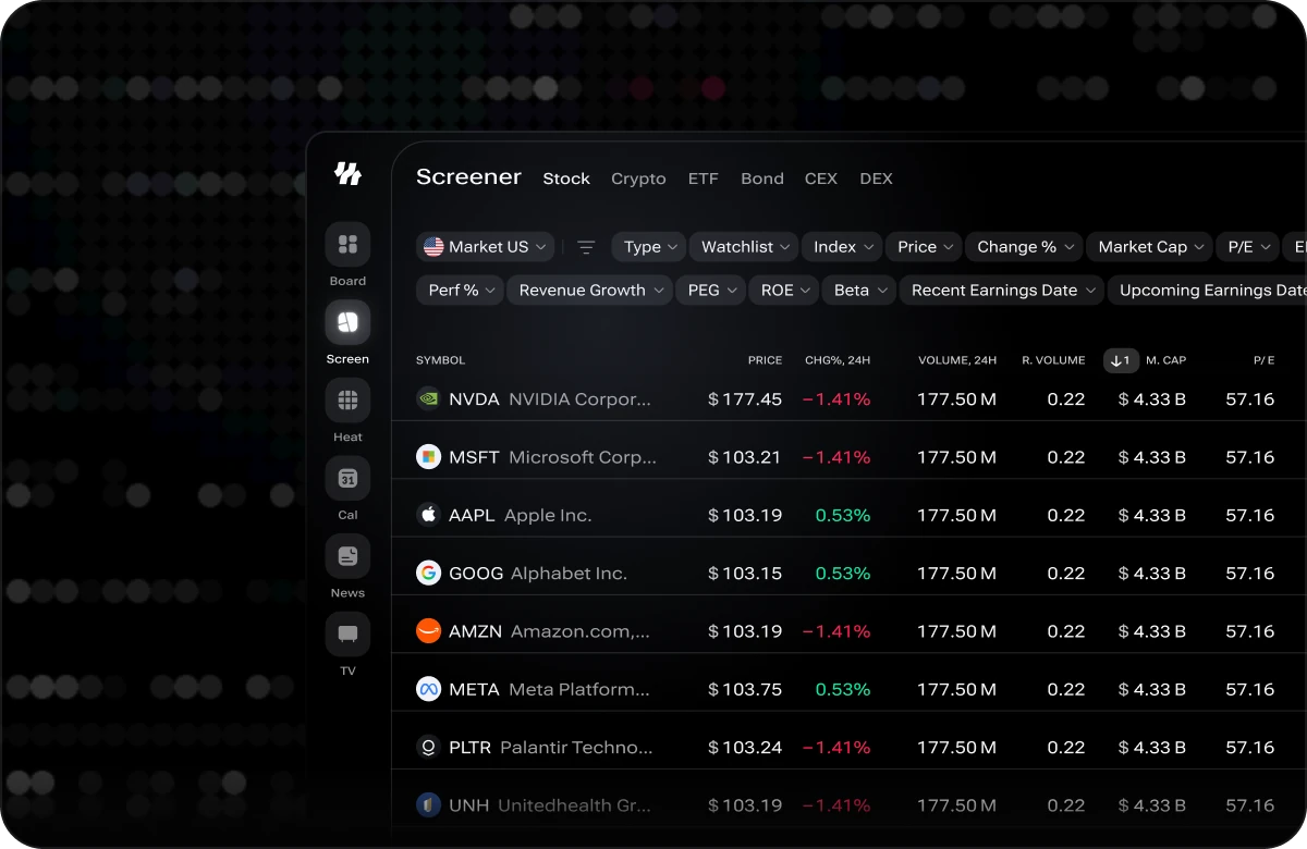 The i88 Screener on the Stock tab, with Crypto, ETF, Bond, CEX and DEX tabs beside the title, a Market US filter followed by Type, Watchlist, Index, Price, Change %, Market Cap, P/E, Perf %, Revenue Growth, PEG, ROE, Beta and earnings-date chips, and a results table listing NVDA, MSFT, AAPL, GOOG, AMZN, META, PLTR and UNH with price, 24-hour change, volume, relative volume, market cap and P/E