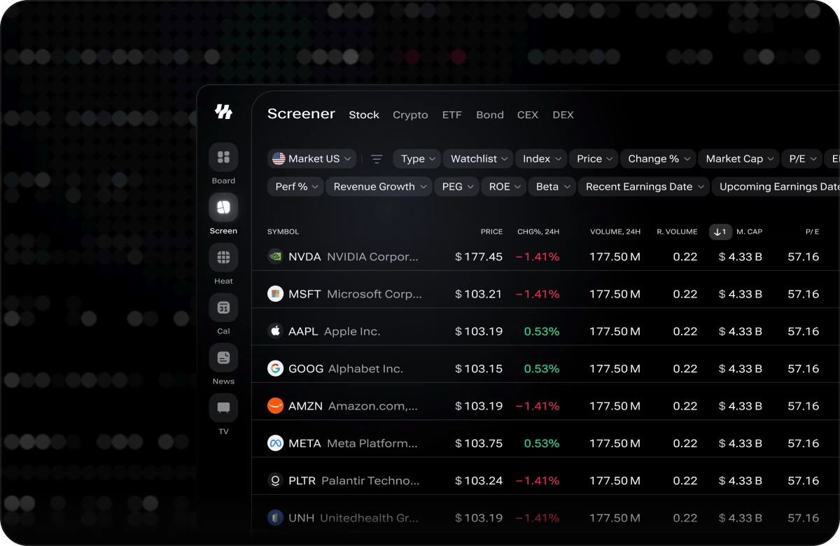 The i88 Screener on the Stock tab, with Crypto, ETF, Bond, CEX and DEX tabs beside the title, a Market US filter followed by Type, Watchlist, Index, Price, Change %, Market Cap, P/E, Perf %, Revenue Growth, PEG, ROE, Beta and earnings-date chips, and a results table listing NVDA, MSFT, AAPL, GOOG, AMZN, META, PLTR and UNH with price, 24-hour change, volume, relative volume, market cap and P/E