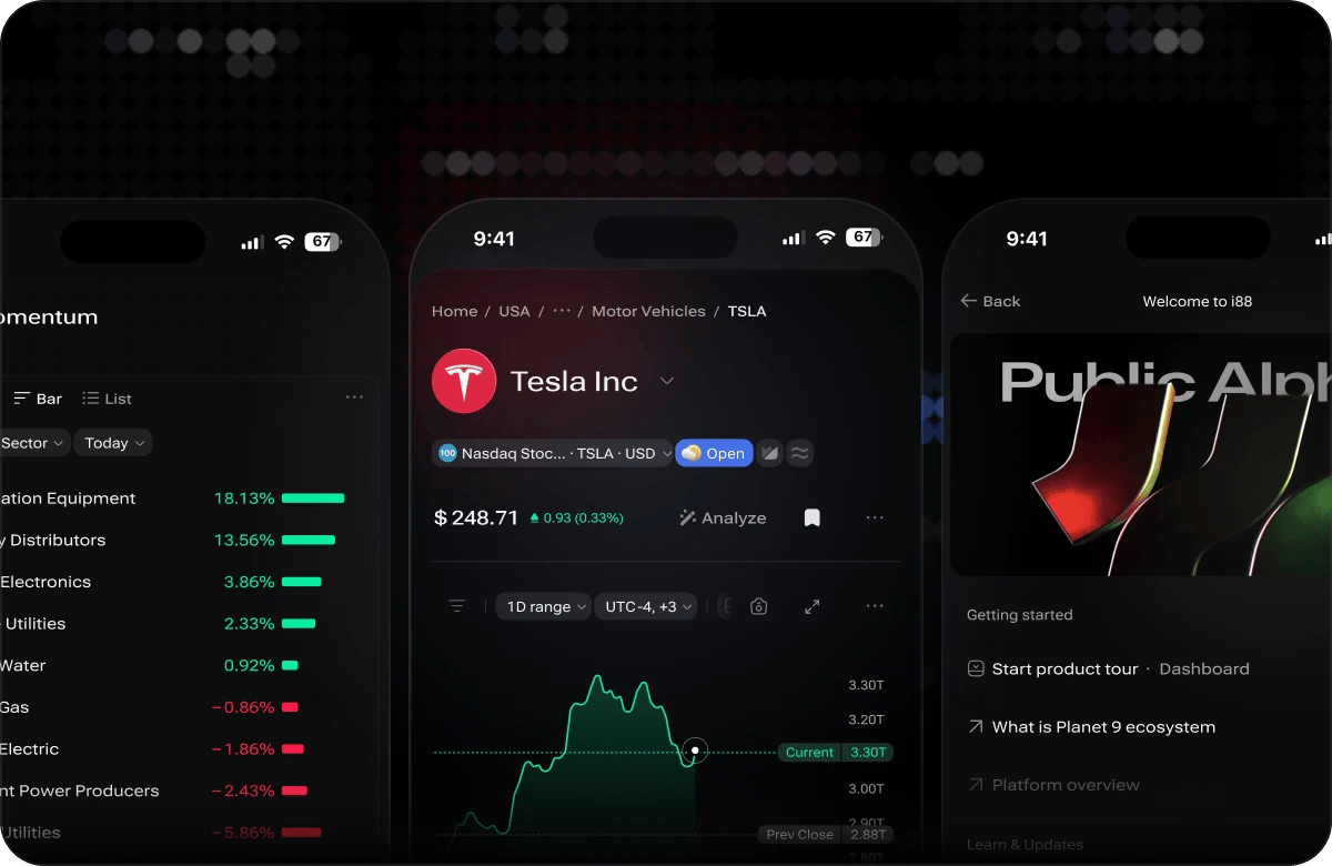 Three i88 mobile screens side by side: sector performance in the dashboard, the Tesla Inc ticker page with its price chart, and the Public Alpha welcome screen with Getting started links