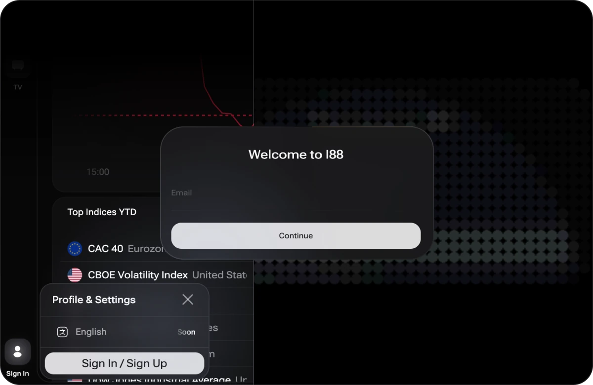 The i88 sign-in flow: the Sign In control in the bottom-left of the toolbar, the Profile & Settings panel with Sign In / Sign Up, and the Welcome to i88 dialog asking only for an email address